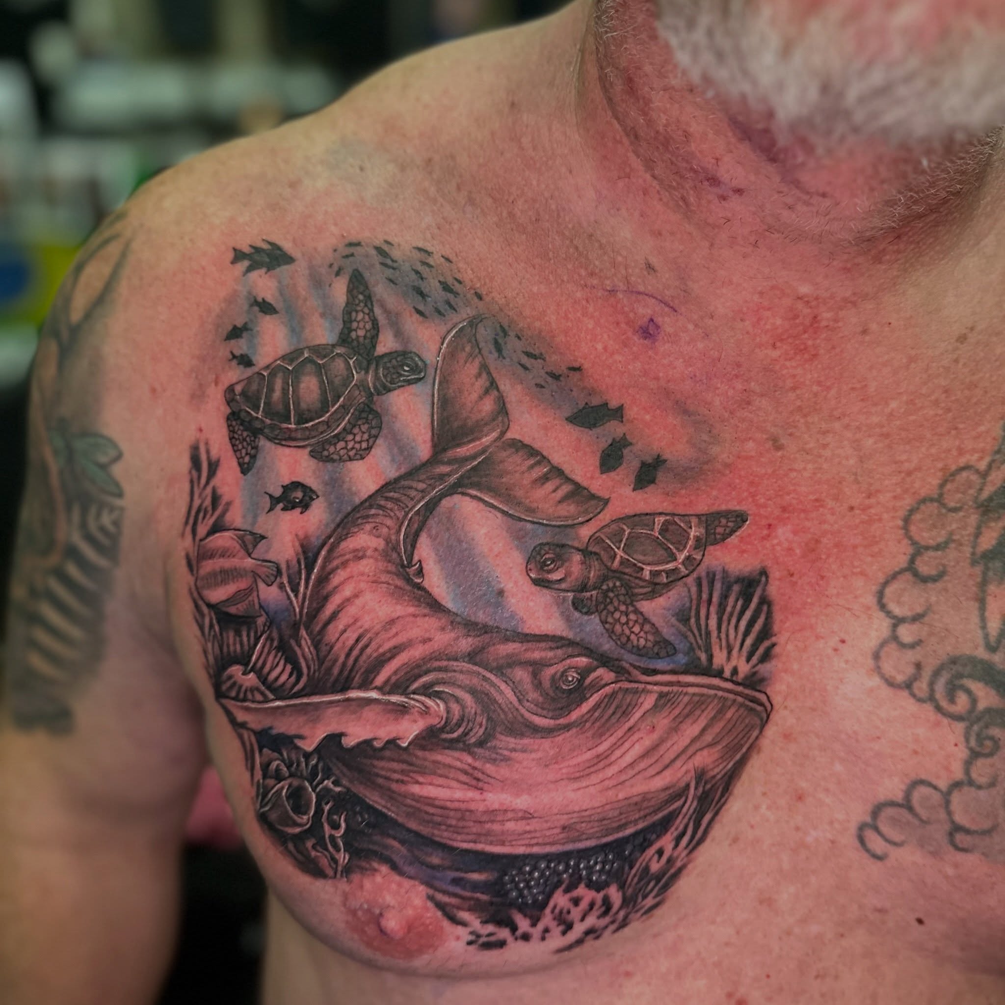 Whale and turtles realism tattoo on the chest by Joe 💭👁