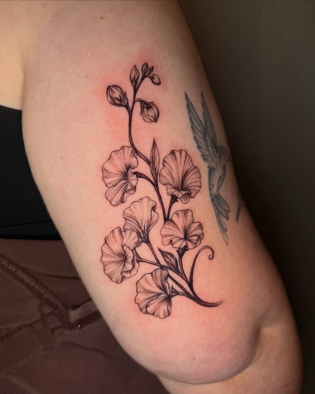 Sweet pea flowers fine line tattoo on the thigh by jayla pantig