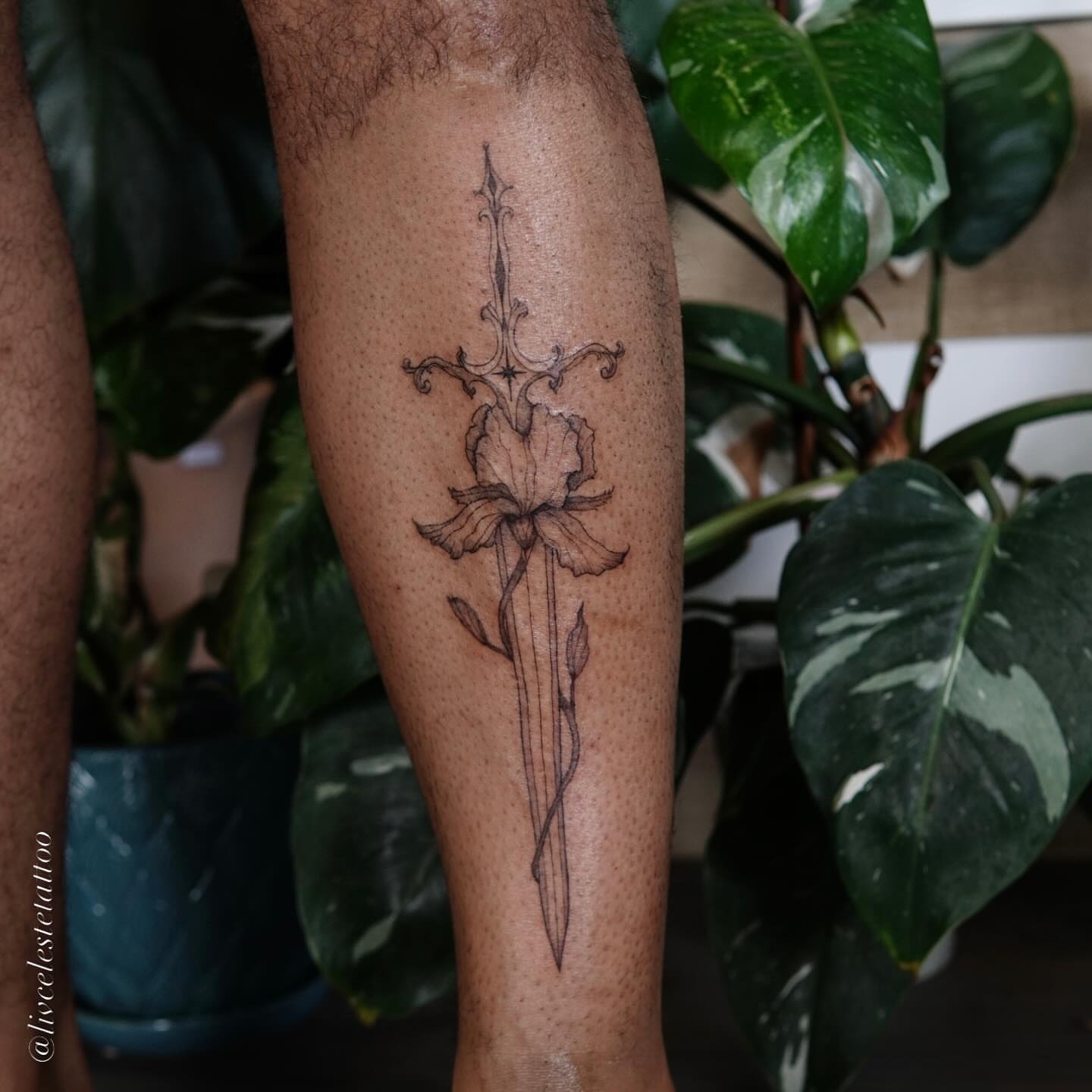 Iris and sword ornamental tattoo on the calf by ༻❁༺ ⟡ 𝑳𝒊𝒗 𝑪𝒆𝒍𝒆𝒔𝒕𝒆 ⟡ ༻❁༺