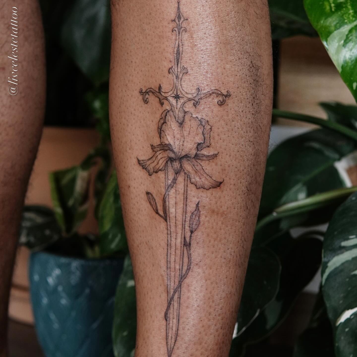 Iris and sword ornamental tattoo on the forearm by ༻❁༺ ⟡ 𝑳𝒊𝒗 𝑪𝒆𝒍𝒆𝒔𝒕𝒆 ⟡ ༻❁༺