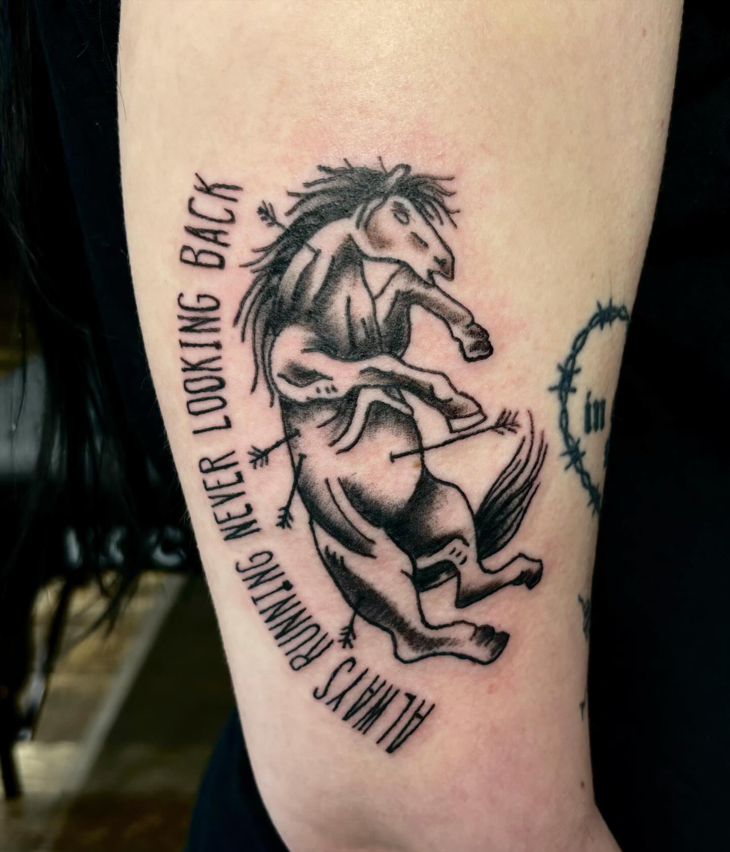 Galloping horse black and grey tattoo on the forearm by ✮ ✄ star ✮ ✄