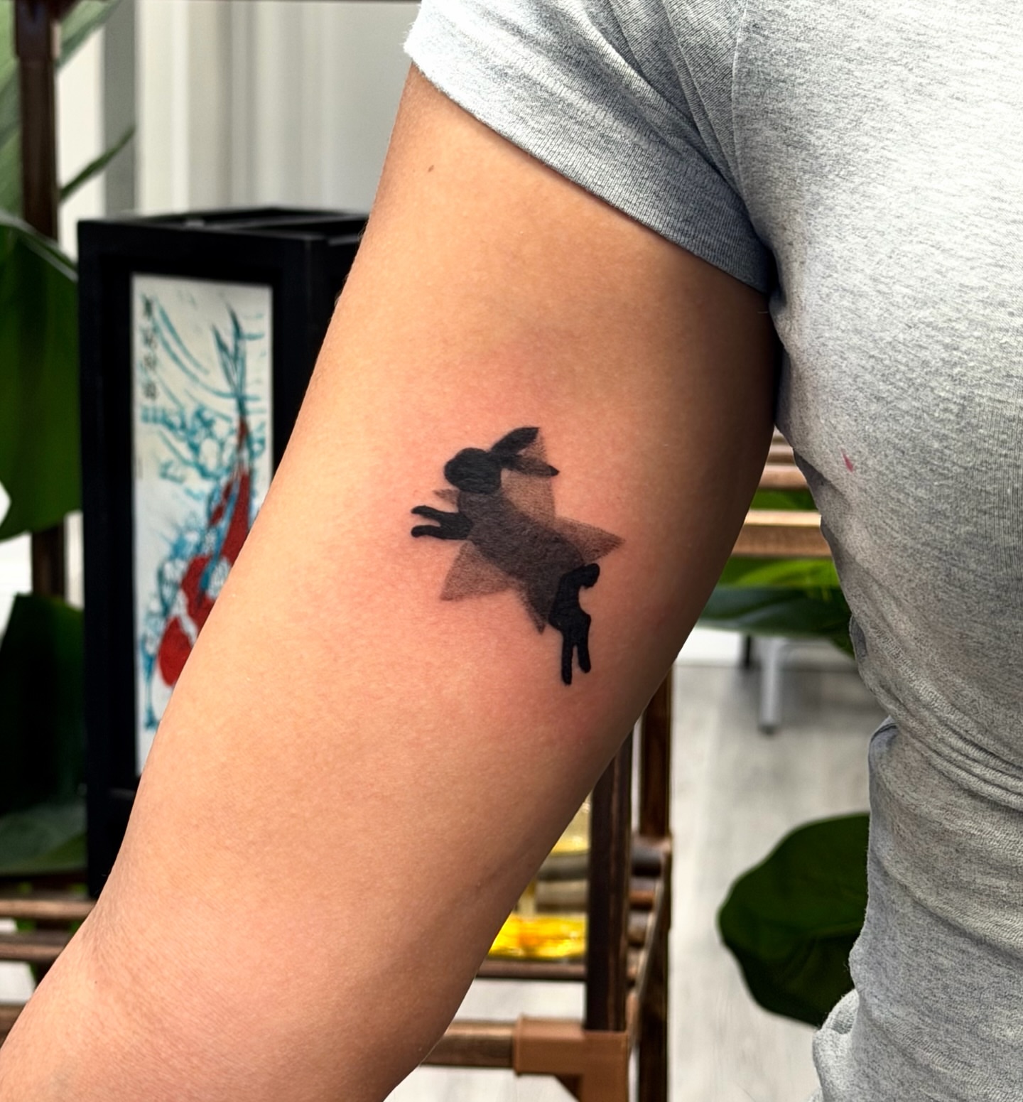 Silhouette of a dancer dotwork tattoo on the forearm by Xin Huang