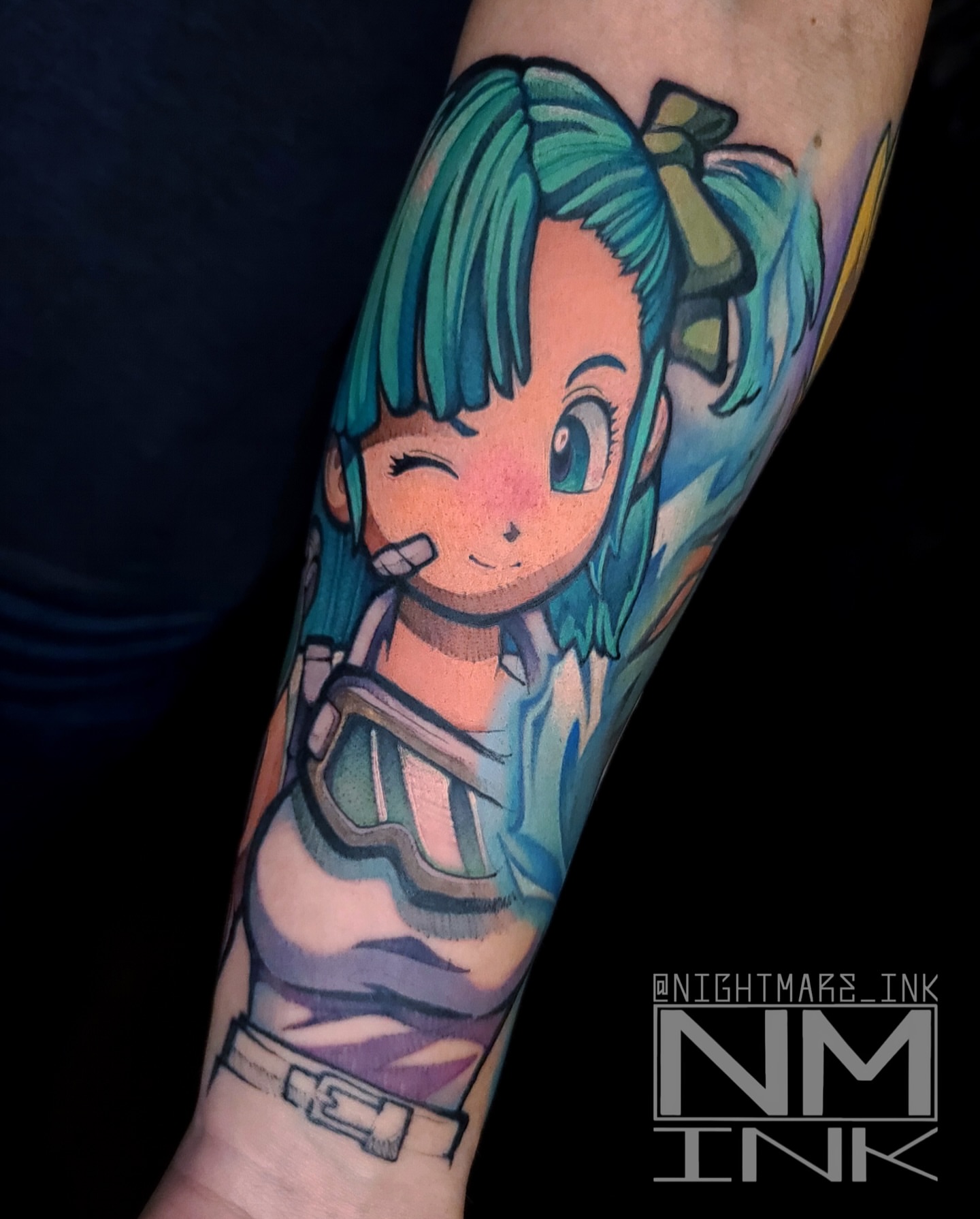 Anime character anime tattoo on the forearm by Brandon Hildebrandt