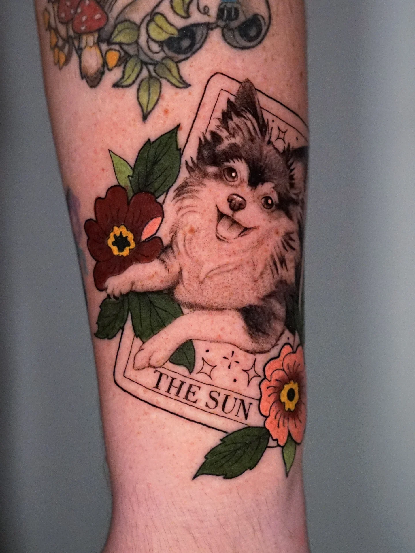 Wolf and flowers American traditional tattoo on the forearm by kylie, San Antonio, Texas