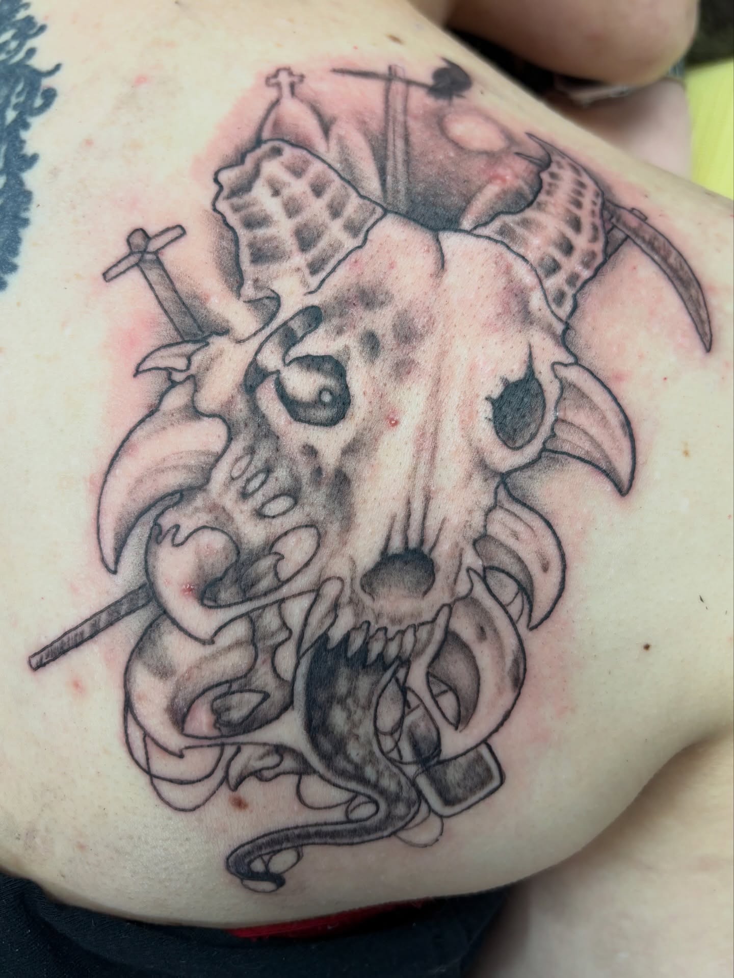 Bull skull with snake realism tattoo on the shoulder by Noah Blum