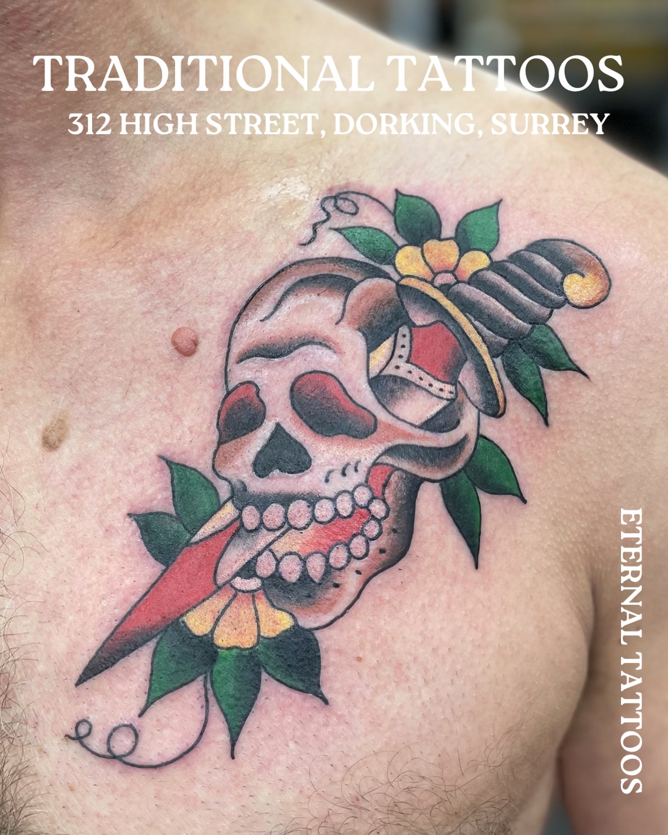 Skull with chili pepper American traditional tattoo on the chest by Ruth Ormsby-Ashworth