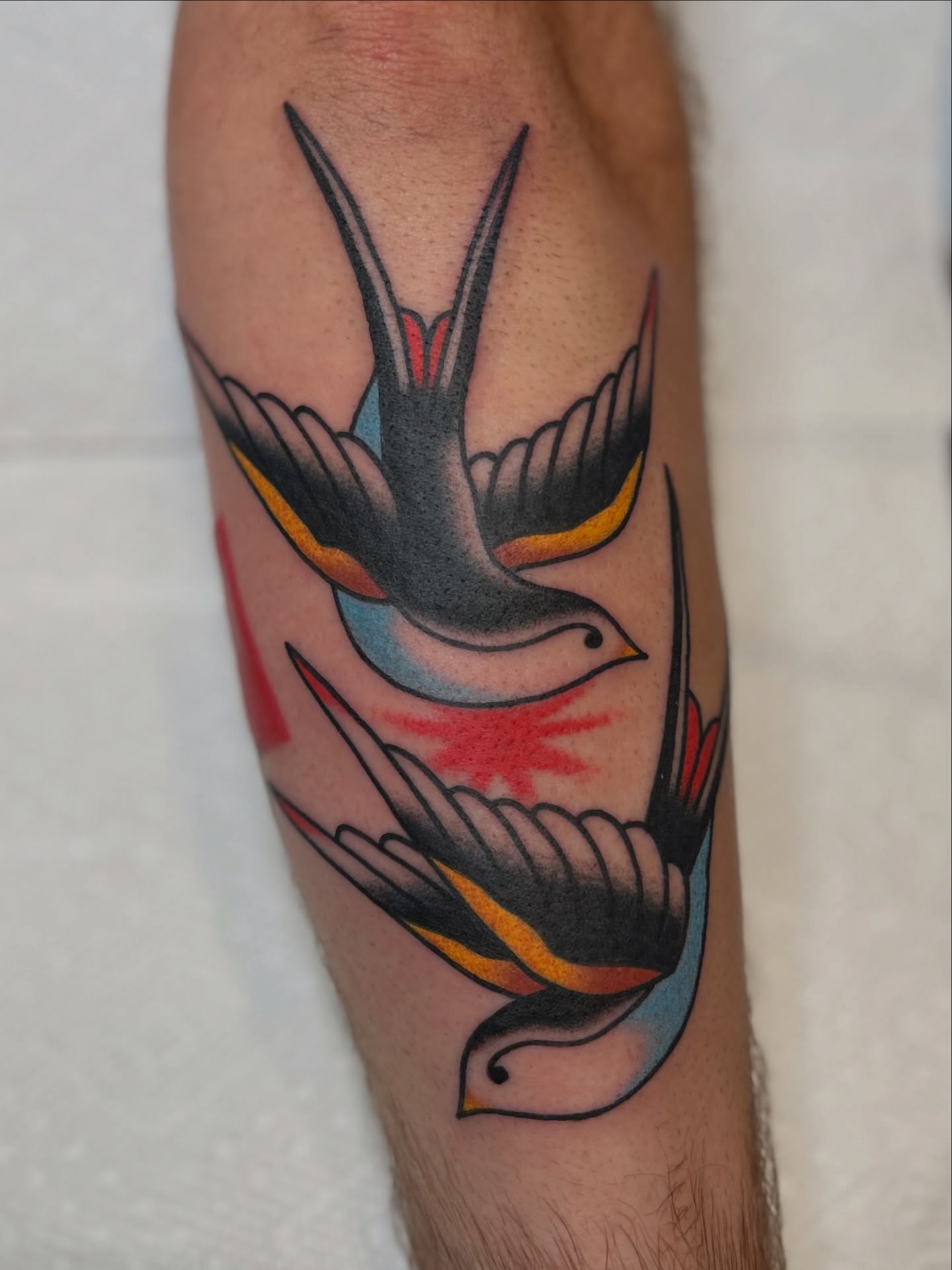 Swallows American traditional tattoo on the forearm by Lauren Alexandra