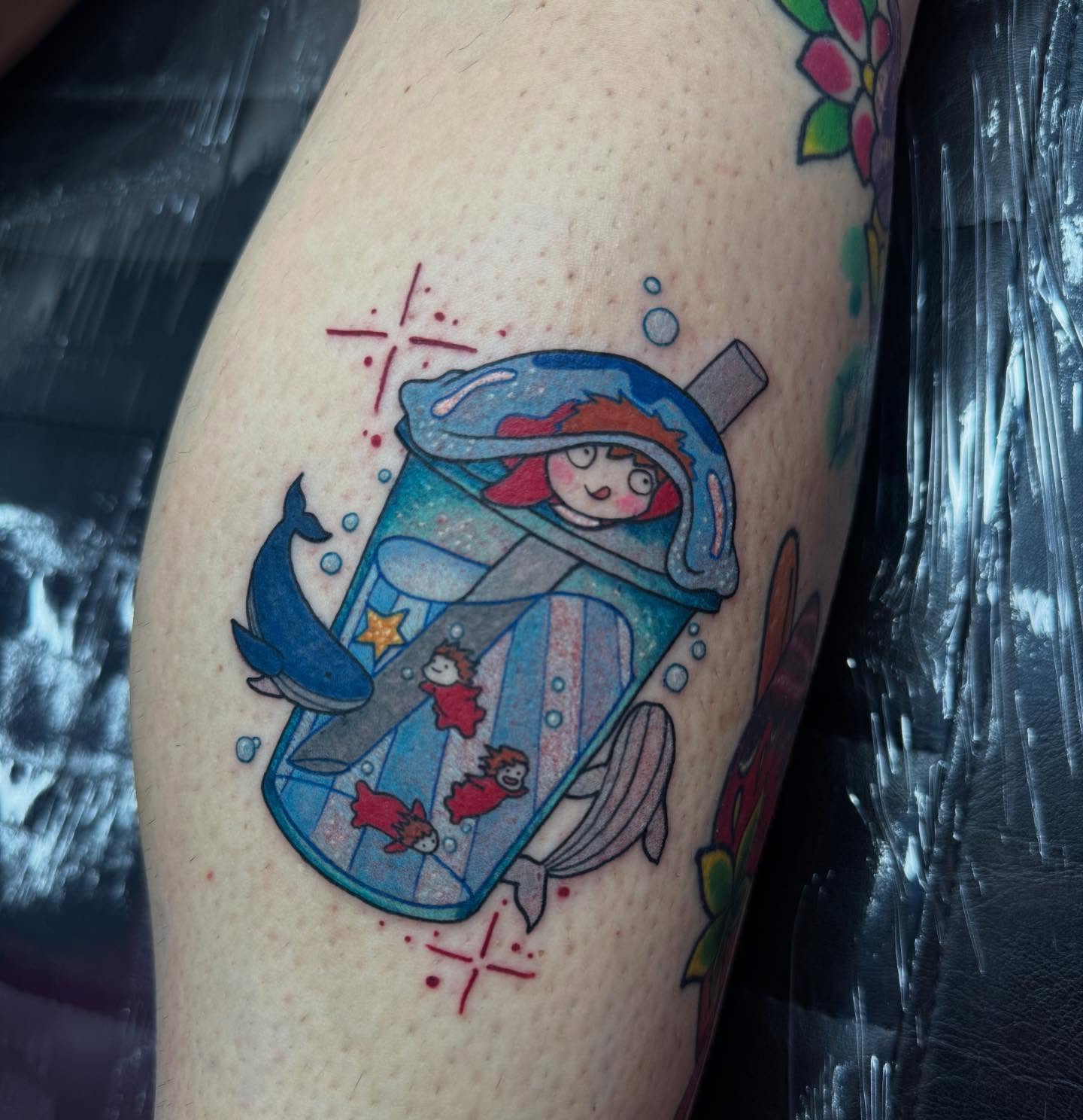 Glass jar with girl illustrative tattoo on the thigh by Jada Reynolds