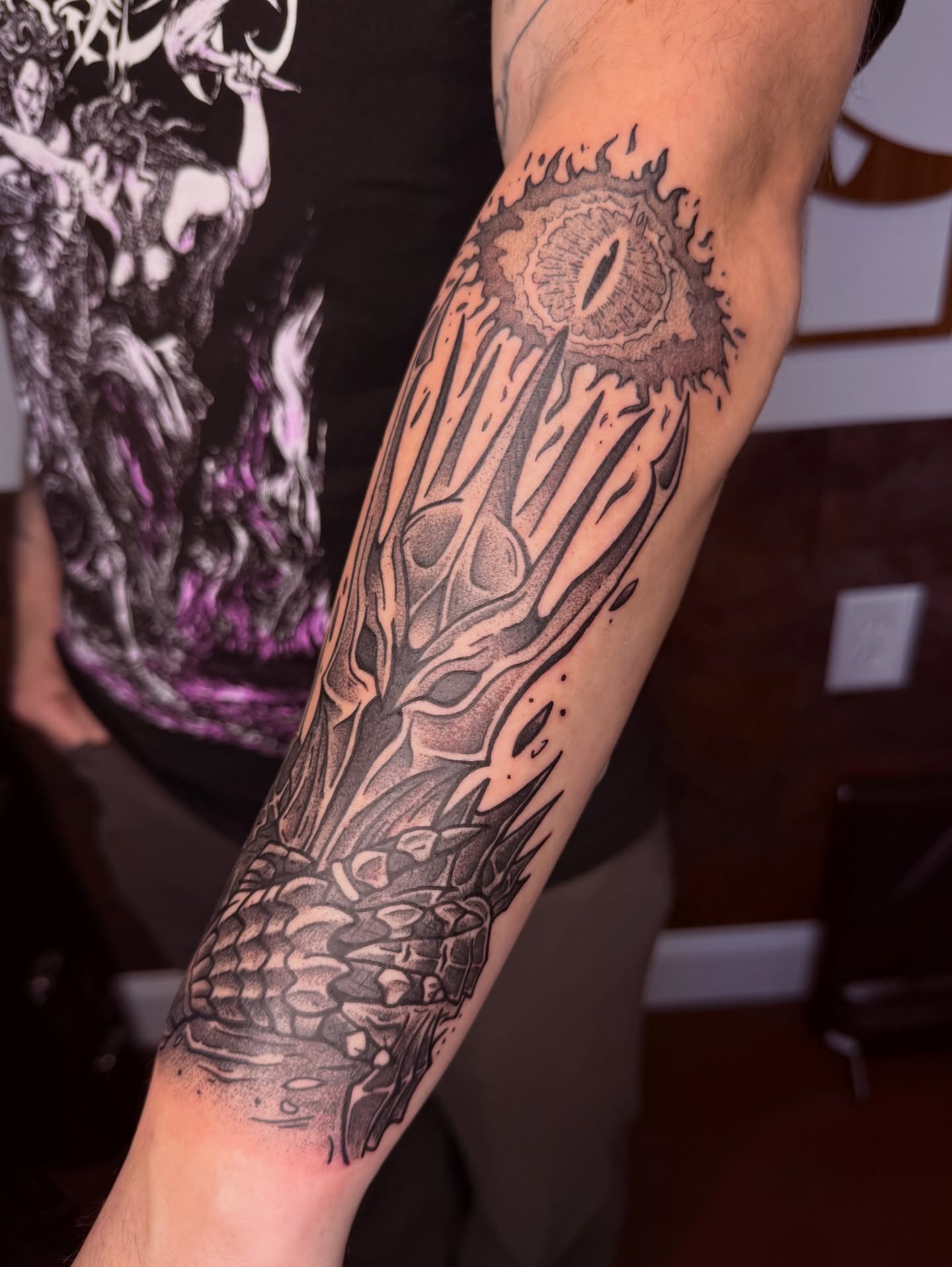 Dragon dotwork tattoo on the forearm by Jezza Munson