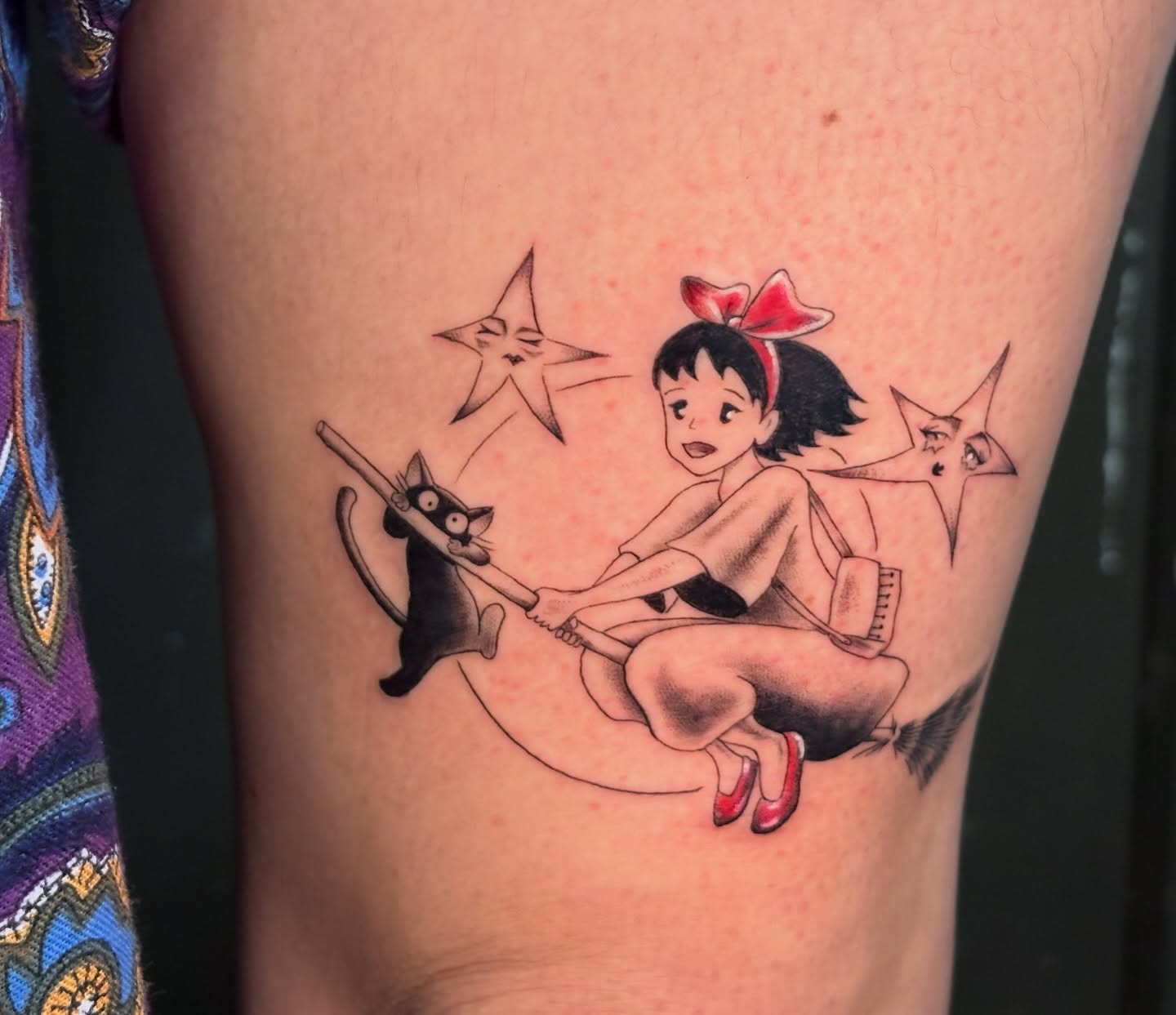 Kiki and cat anime tattoo on the thigh by Jojo Rose ✨ Denver Tattoo Artist