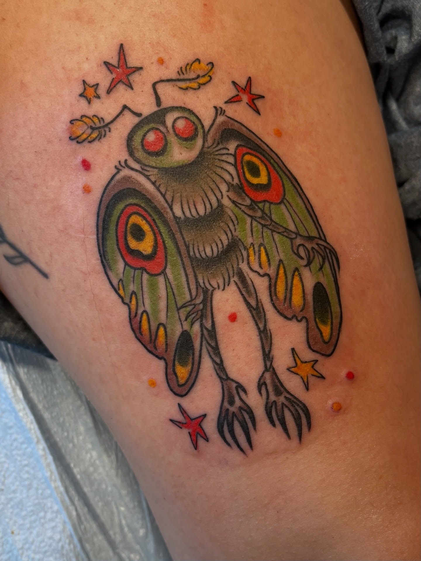 Owl American traditional tattoo on the thigh by Allyson Blessing Tattoos