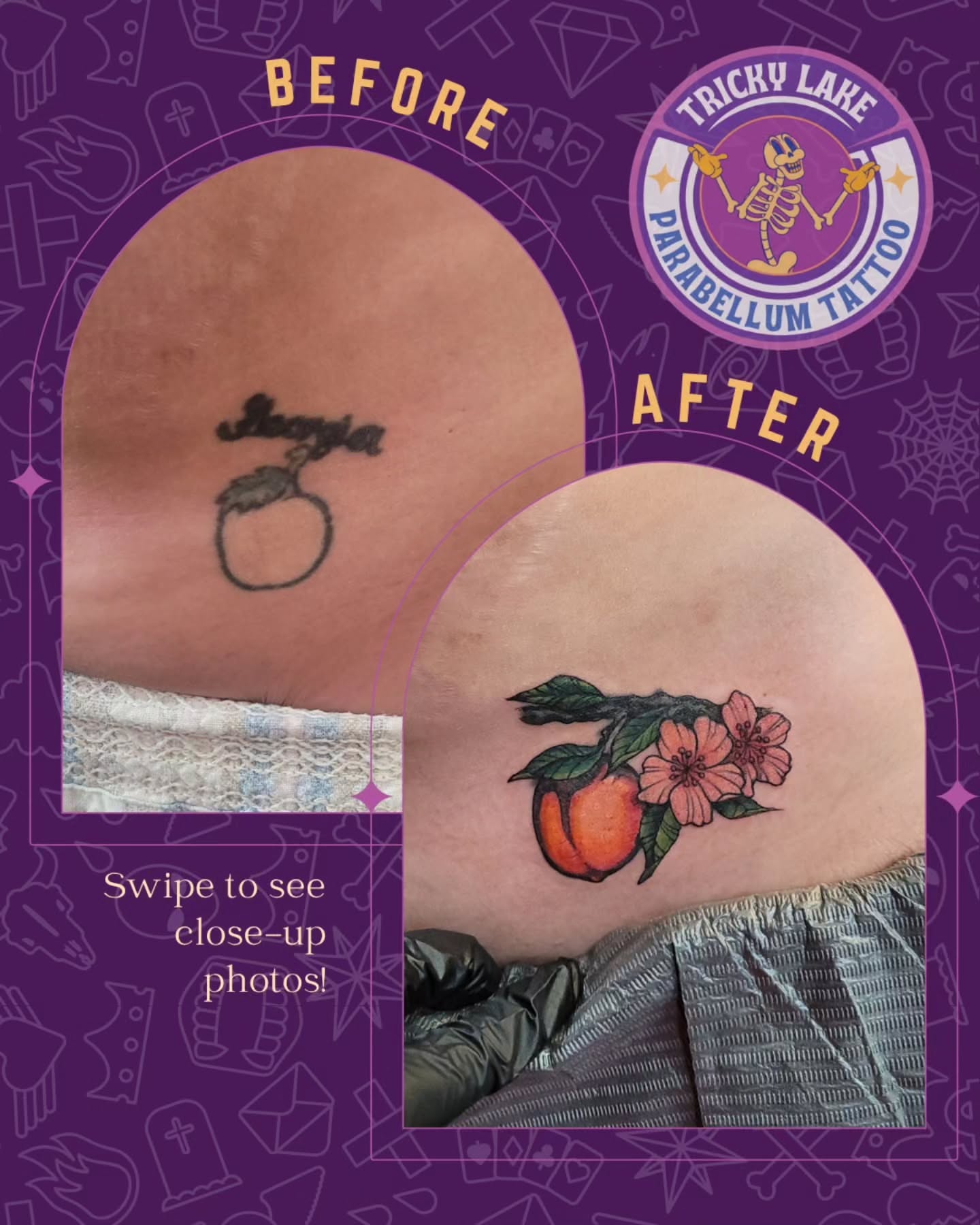 Peach and flowers new school tattoo on the thigh by Tricky Lake, Newfield, New Jersey