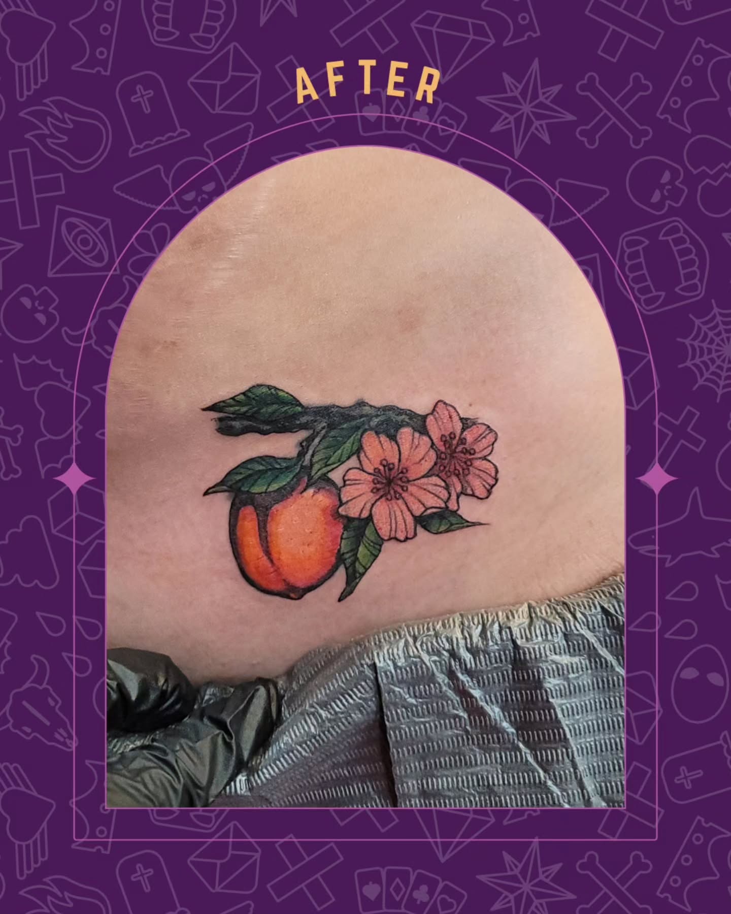 Peach and flowers realism tattoo on the thigh by Tricky Lake, Newfield, New Jersey
