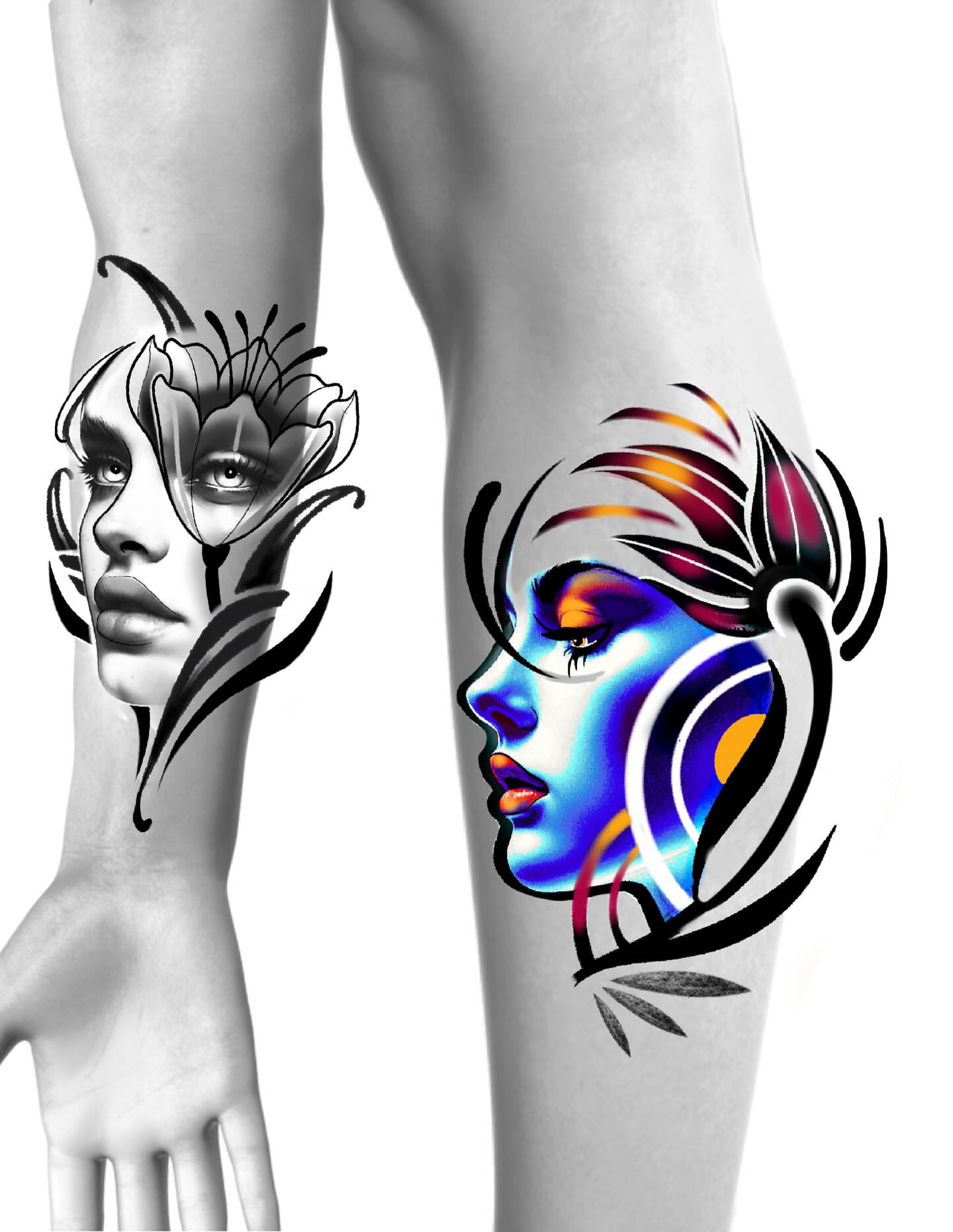 Woman's face illustrative tattoo on the forearm by Haleigh Cunningham, Charlotte, North Carolina