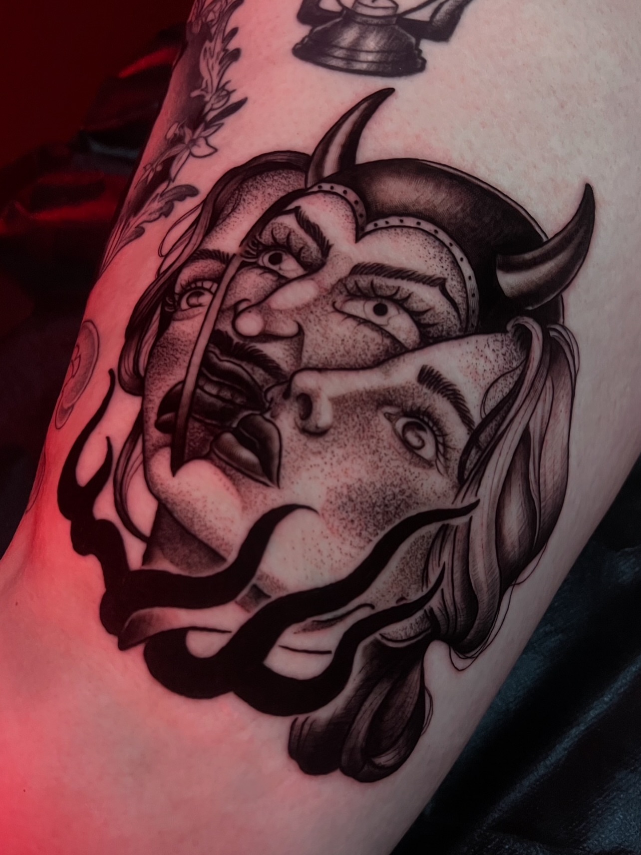Demon face dotwork tattoo on the forearm by πΊπππππ π»πππππππ