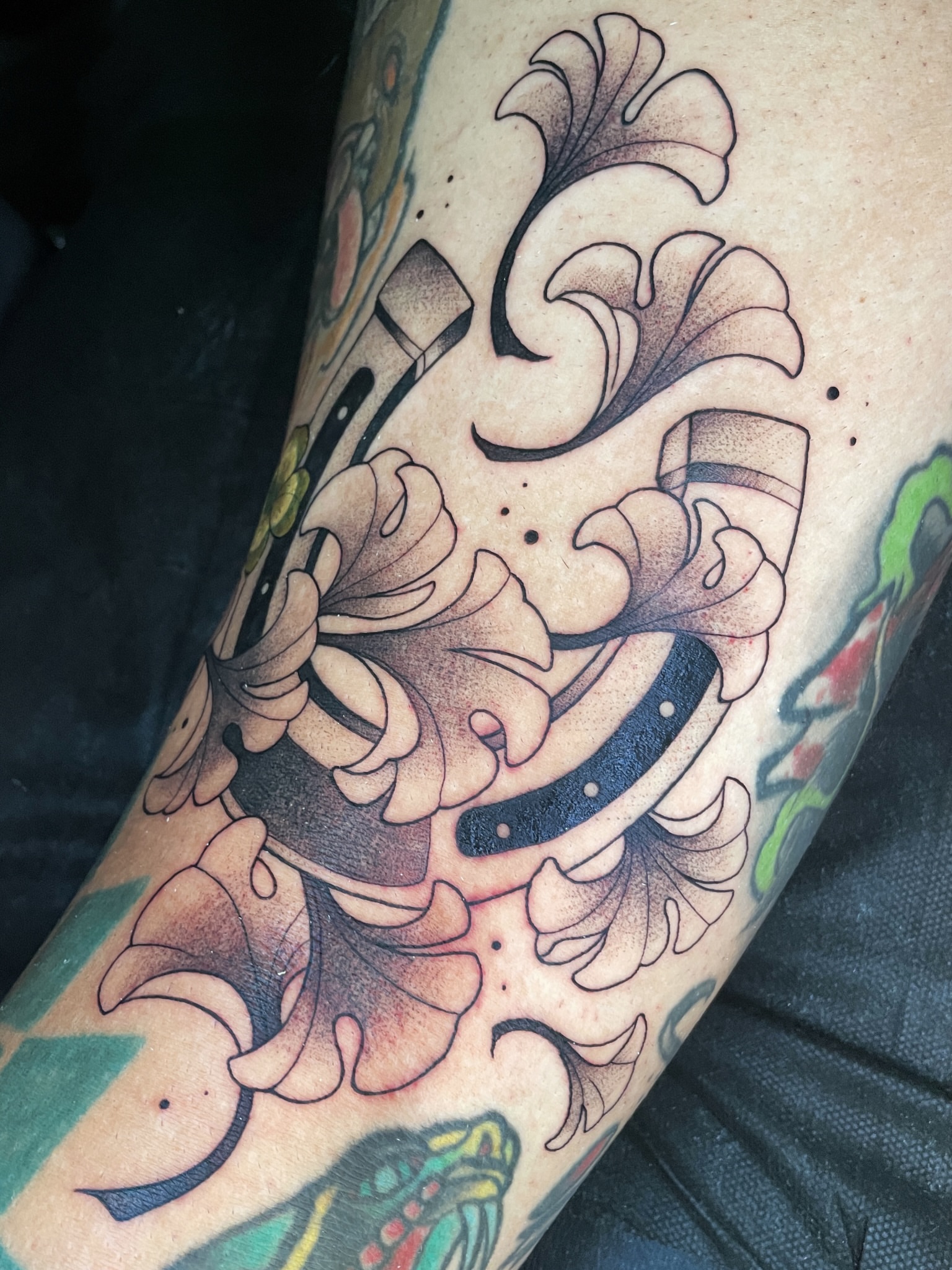 Abstract floral design geometric tattoo on the forearm by zoey sage ✦
