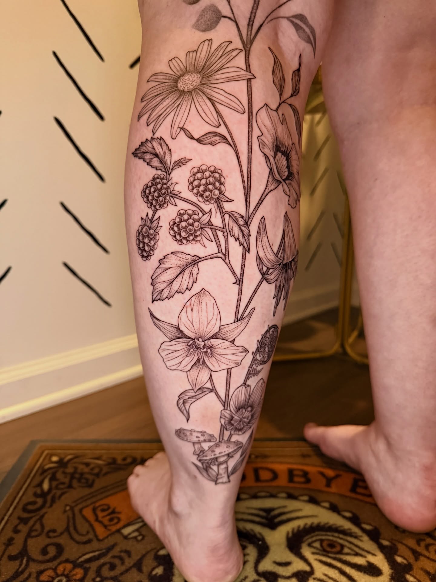 Botanical illustrations realism tattoo on the calf by ππ£ππ€π₯π ππ¦ππ‘π, Lakewood, Colorado