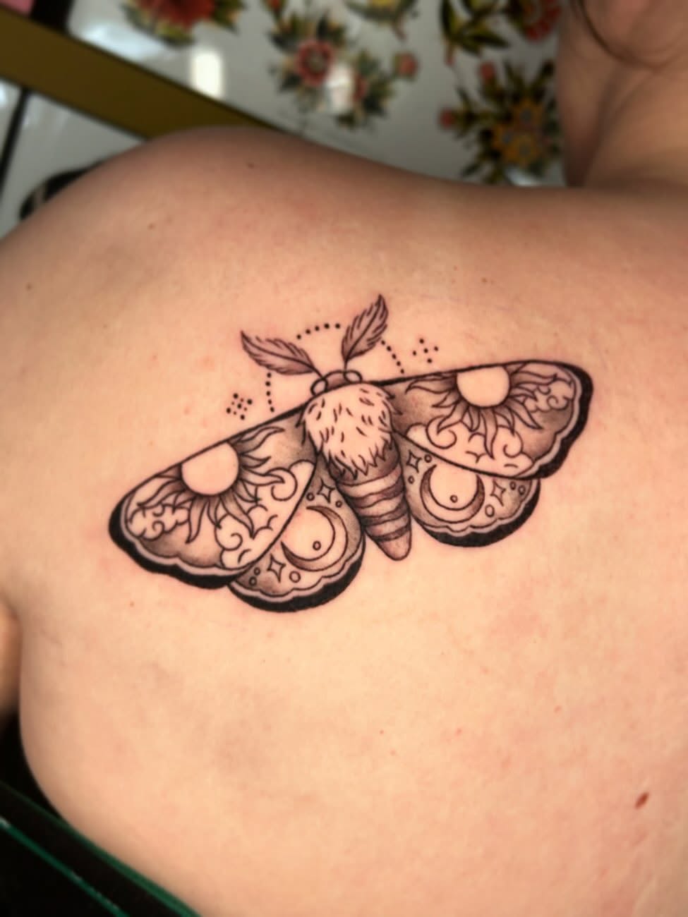 Moth dotwork tattoo on the shoulder by 🕸🖤Kass🖤🕸