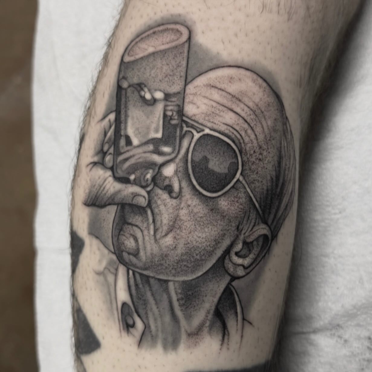 Man drinking dotwork tattoo on the forearm by Austin Tattoo Artist