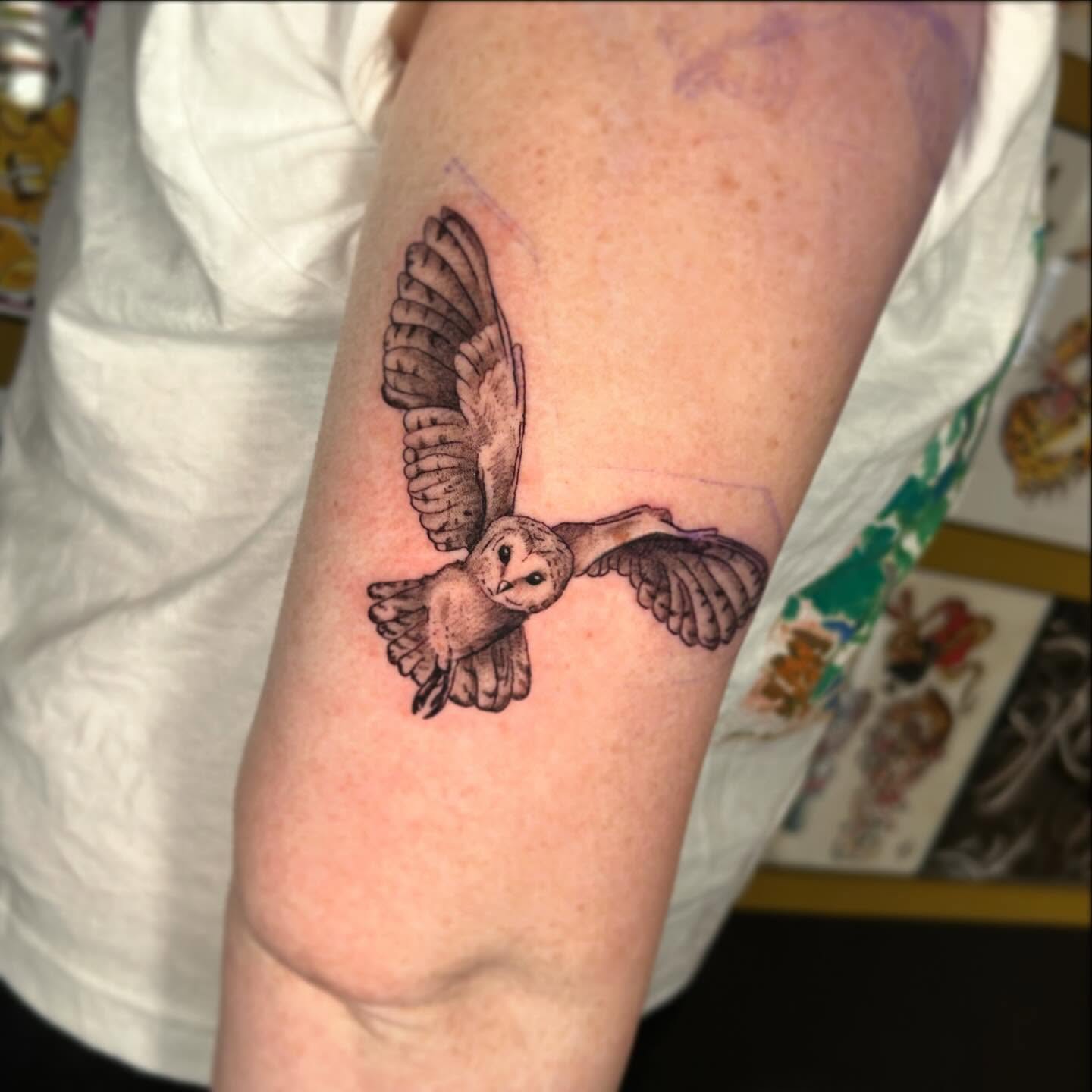 Owl realism tattoo on the forearm by 🕸🖤Kass🖤🕸