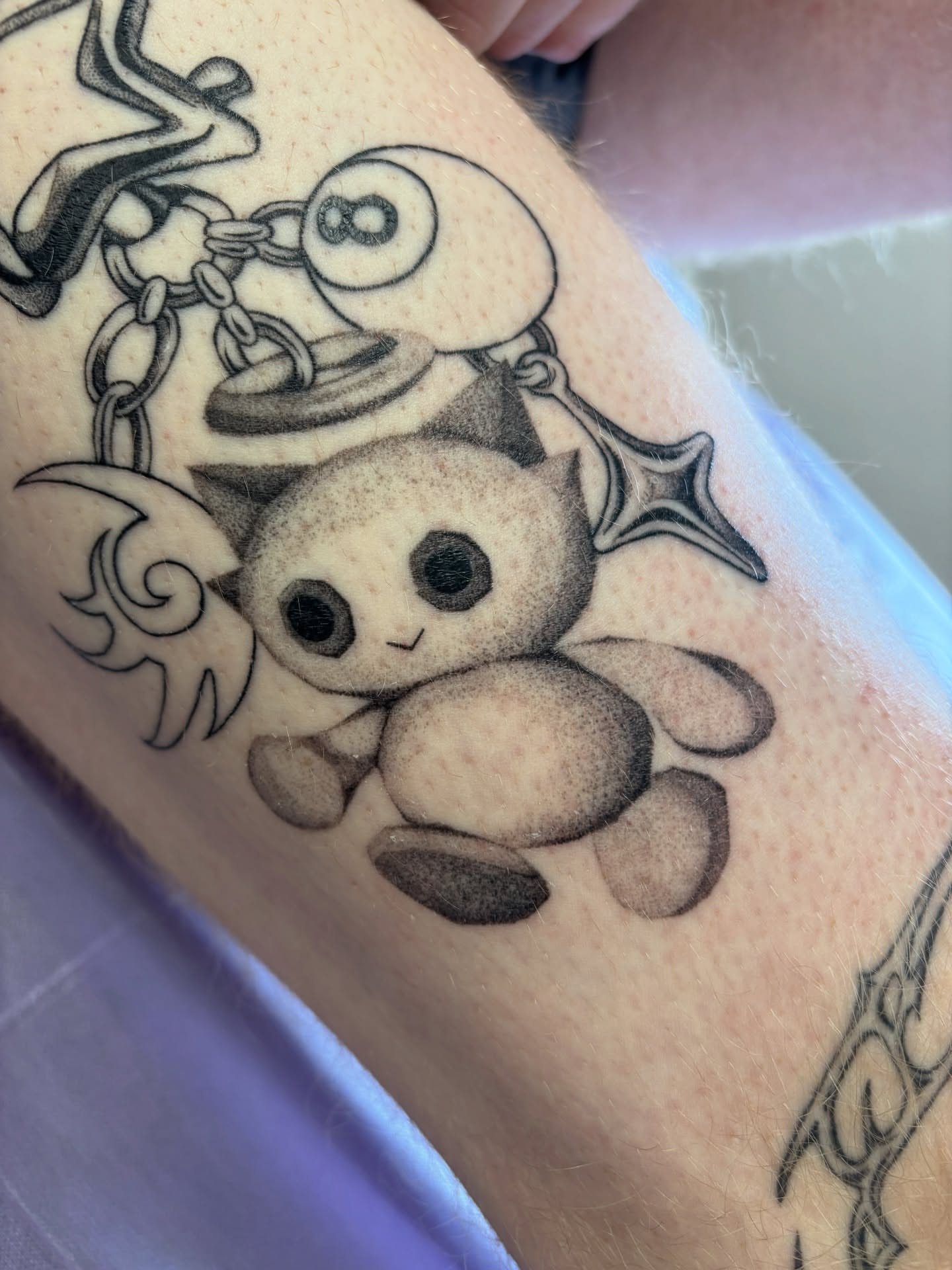 Jibanyan dotwork tattoo on the forearm by katie, Seattle, Washington