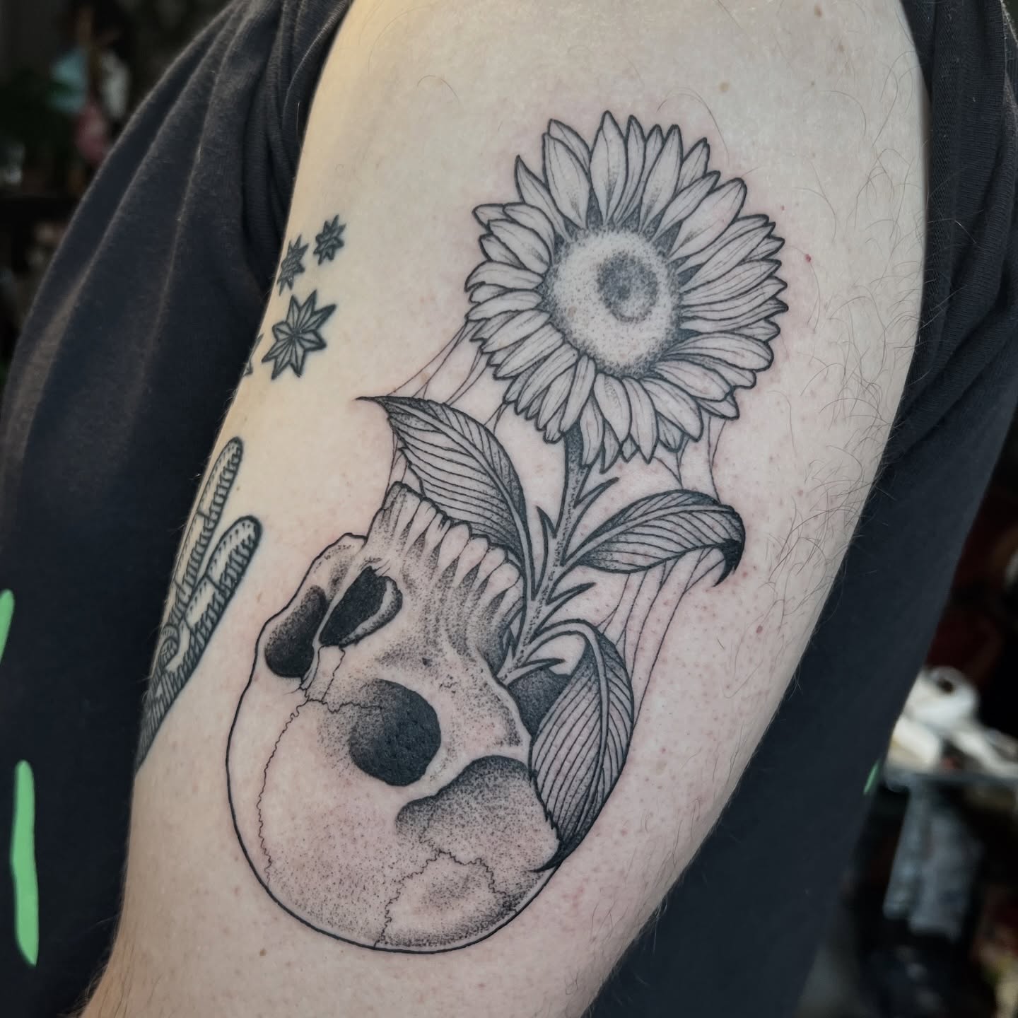 Sunflower and skull dotwork tattoo on the forearm by ✶ H A N N A H K A y ✶