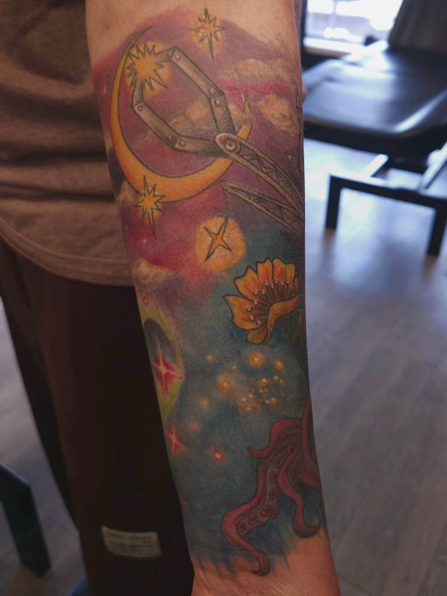 Space-themed celestial dotwork tattoo on the forearm by πΎπππππ πΎπππππ