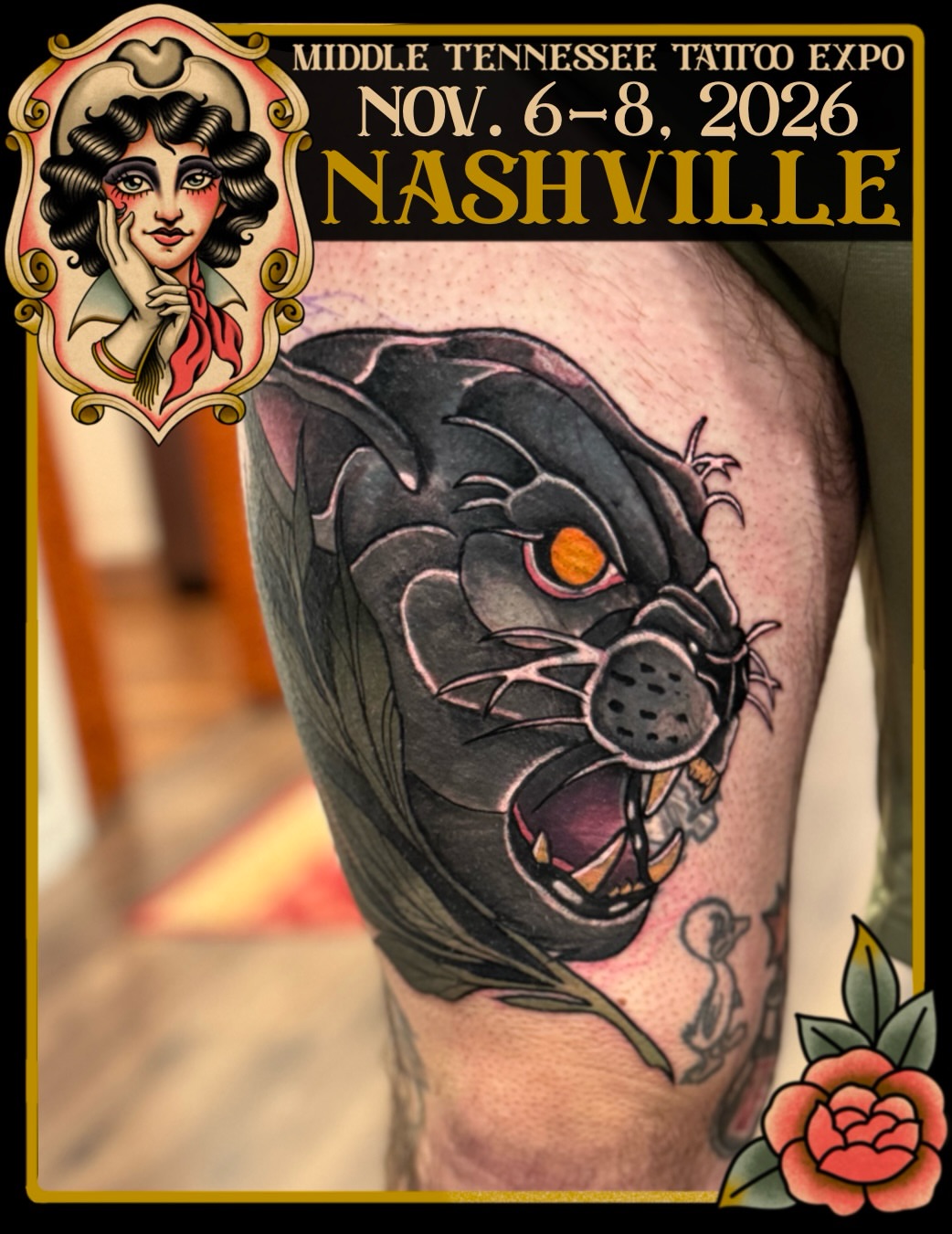 Panther American traditional tattoo on the thigh by Aly Rucker, Murfreesboro, Tennessee
