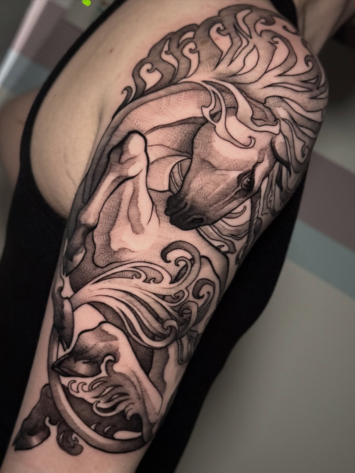 Horse black and grey tattoo on the forearm by πππ±π±π¬π¬ ππ―π±π¦π°π±