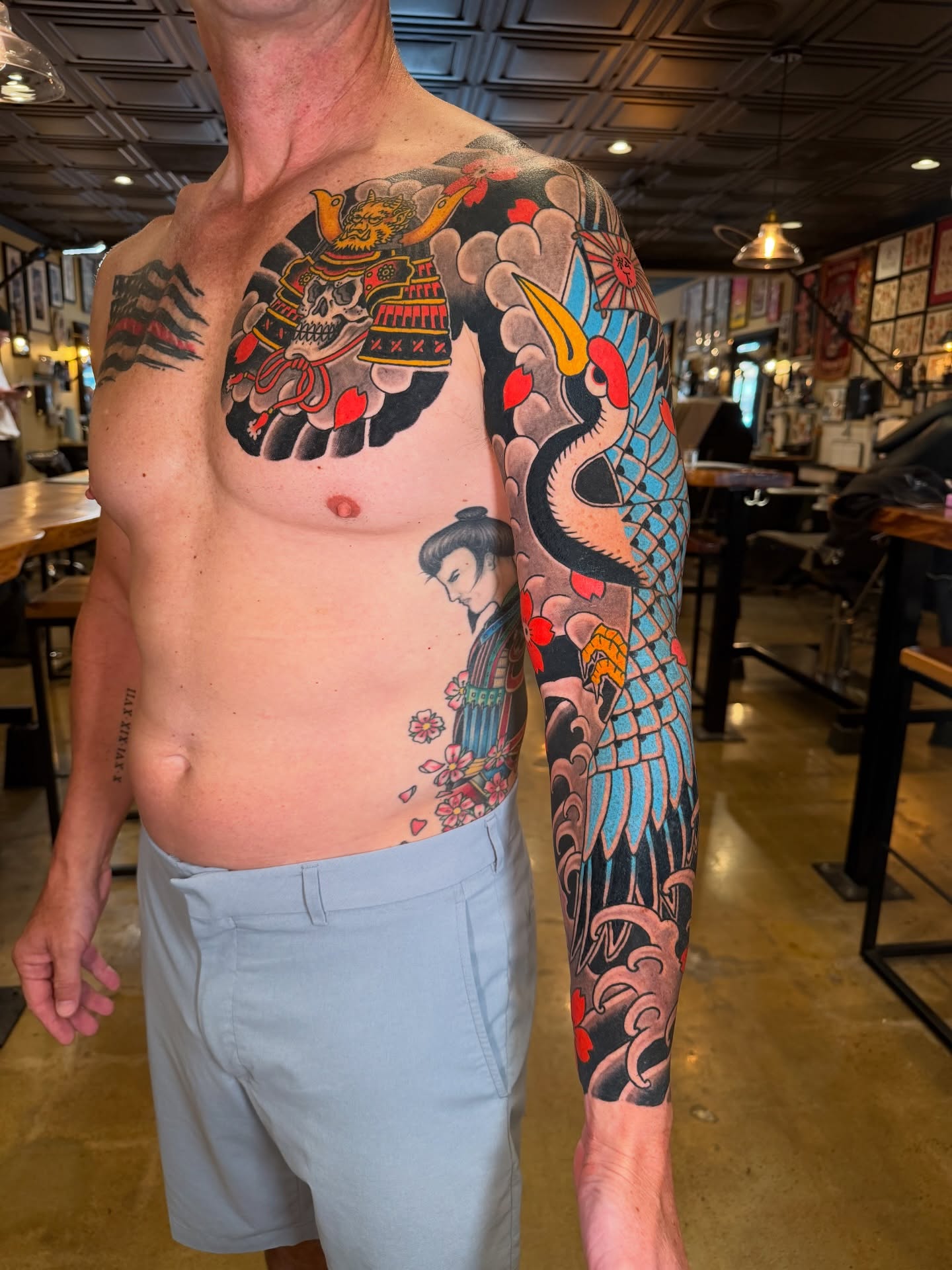 Samurai warrior American traditional tattoo on the chest by Tyler Brown, San Diego, California