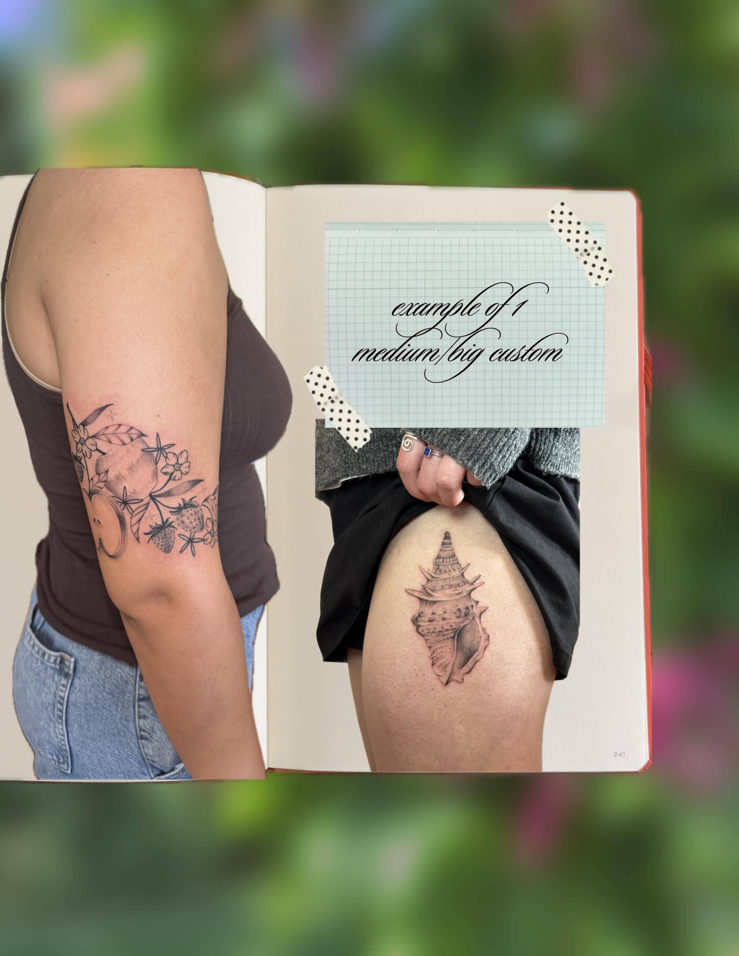 Fruit and floral arrangement black and grey tattoo on the upper arm by tattoos by miss jackie o 🎱