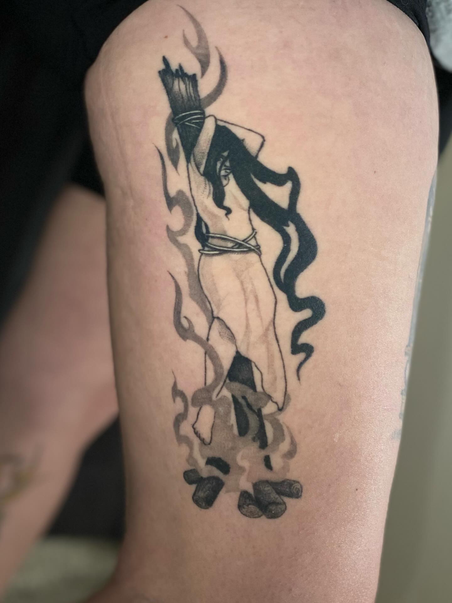 Woman with sword black and grey tattoo on the thigh by Olivia Scott - Kansas Tattoo Artist