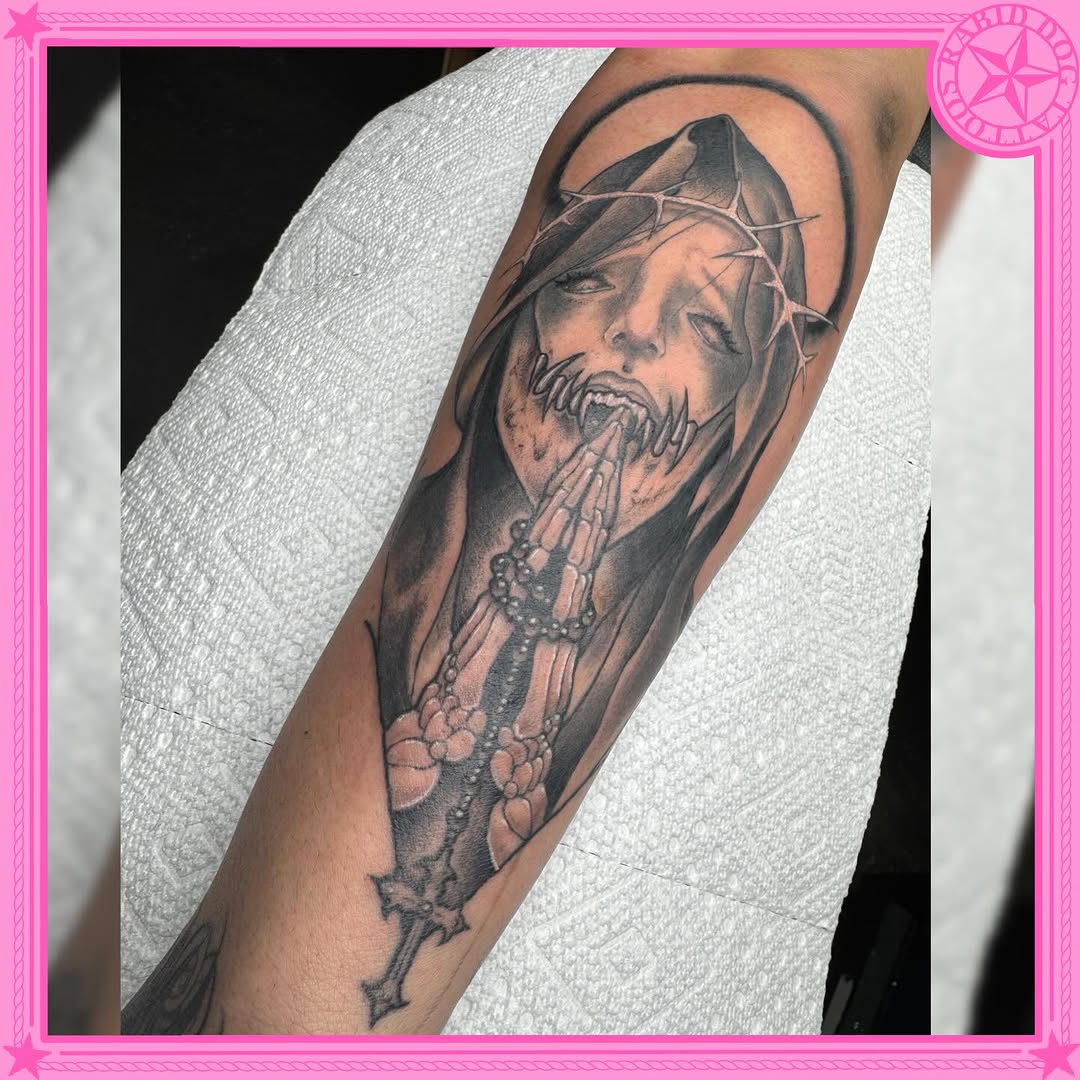 Tattoo by @rabiddogtattoos โ dark_realism, black_and_grey
