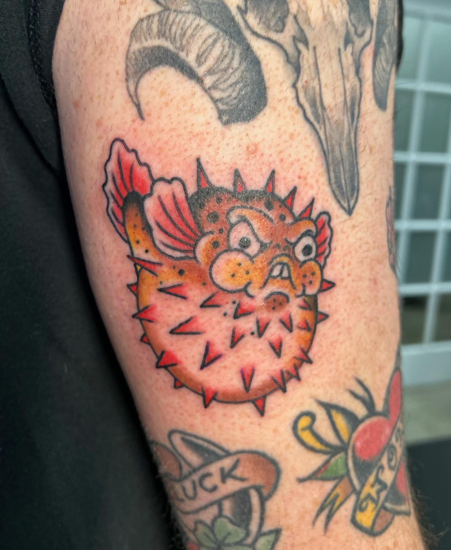 Puffer fish American traditional tattoo on the forearm by Hannah Jean