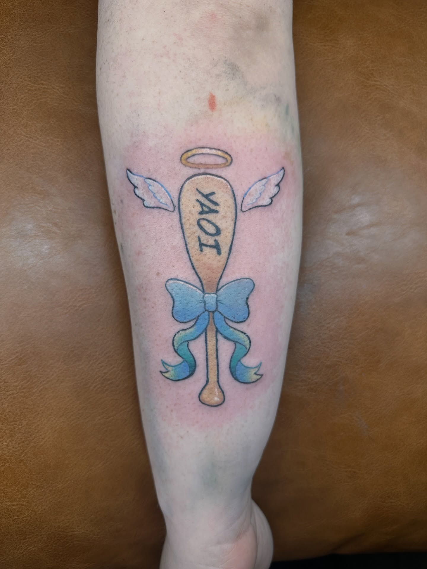 Baseball bat with wings American traditional tattoo on the forearm by Shrimple