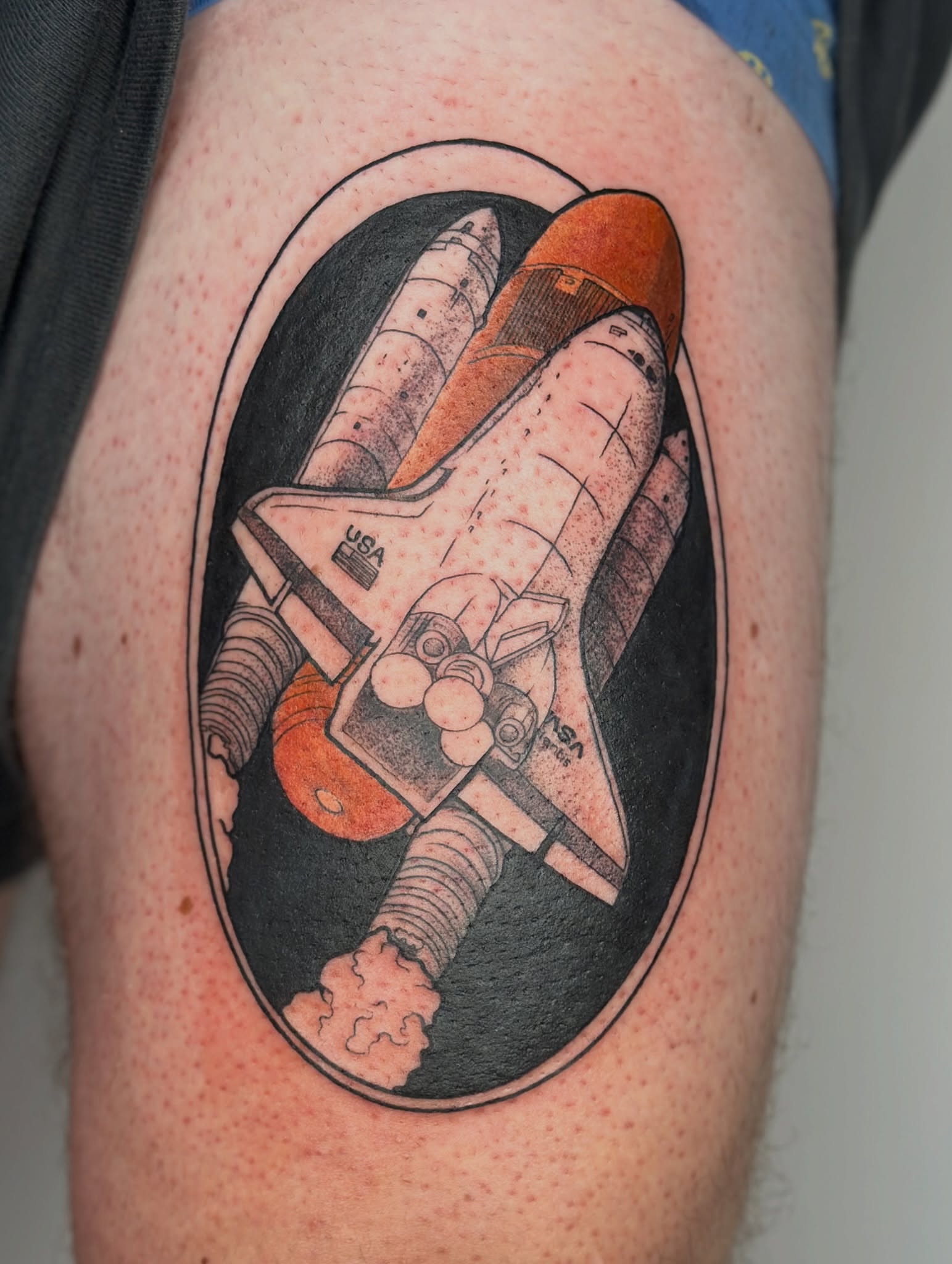 Space shuttle dotwork tattoo on the thigh by Gabrielle Brodman 🎀 Raleigh-Durham Tattoo