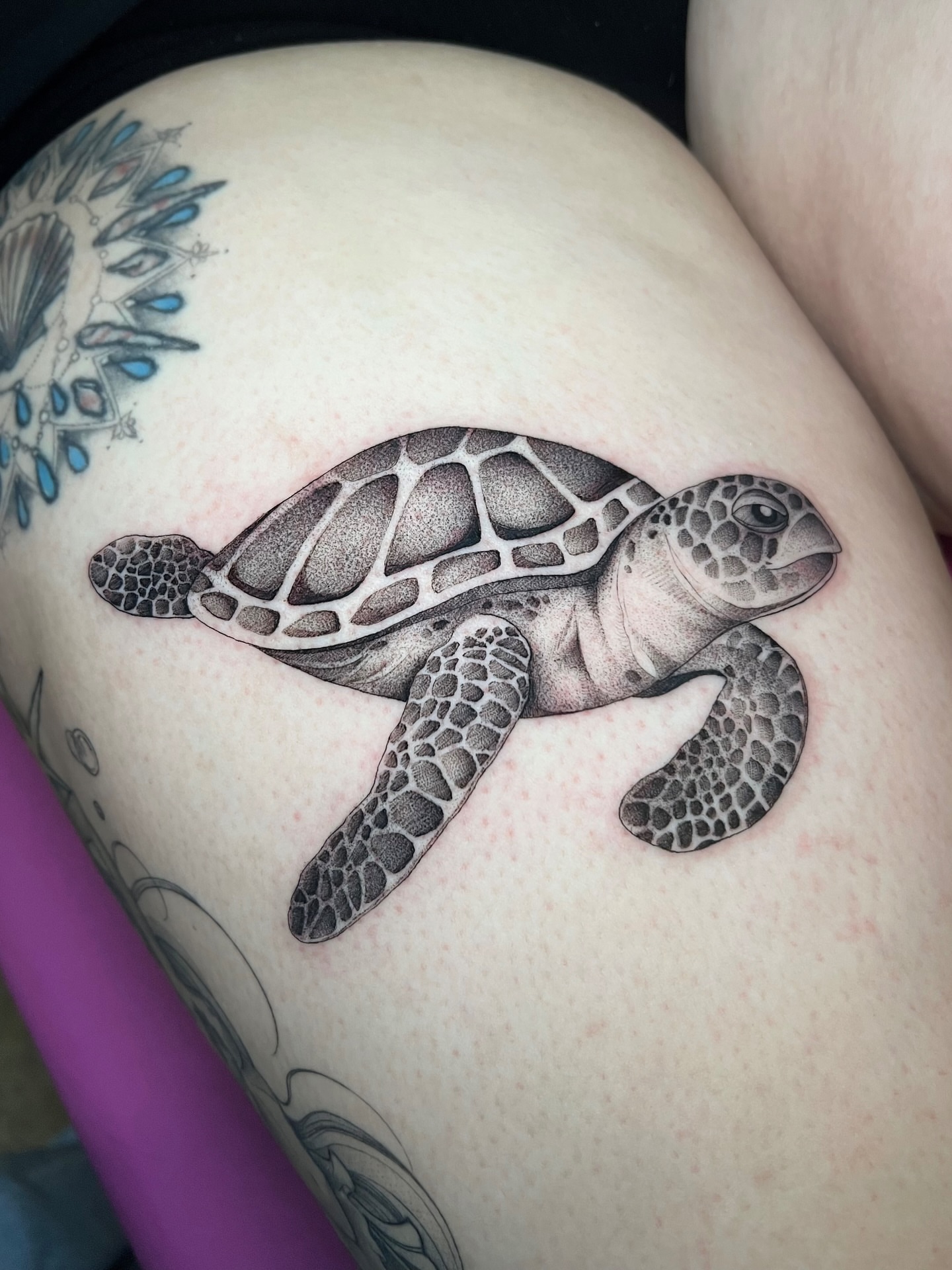 Turtle realism tattoo on the thigh by Tehnaya