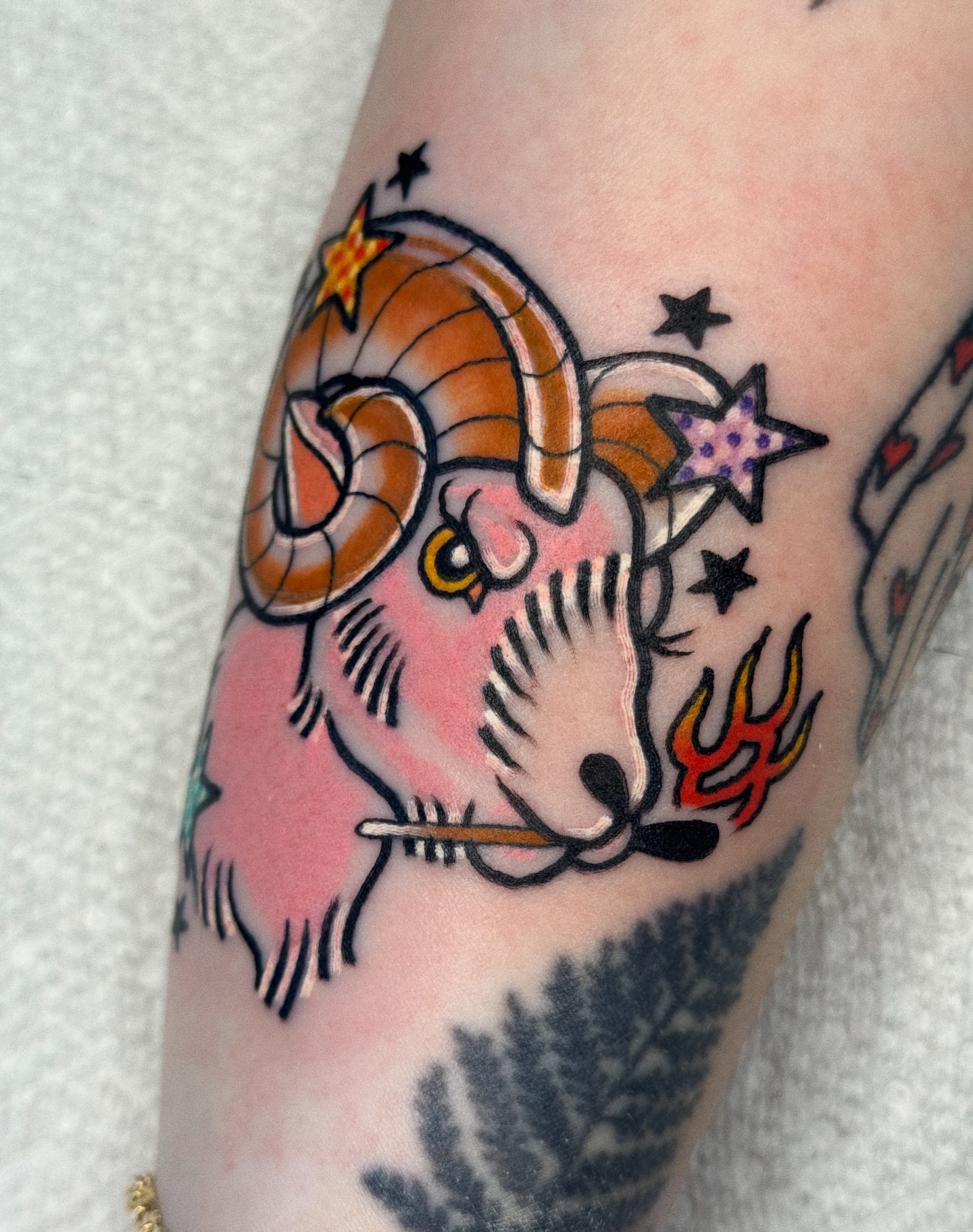Ram with stars American traditional tattoo on the forearm by 𝕷𝖆𝖚𝖗 𝕷𝖆𝖚𝖗