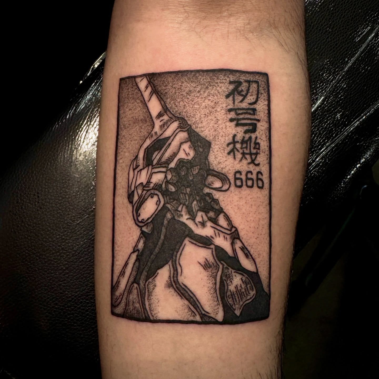Mecha dotwork tattoo on the forearm by Seth Christianson