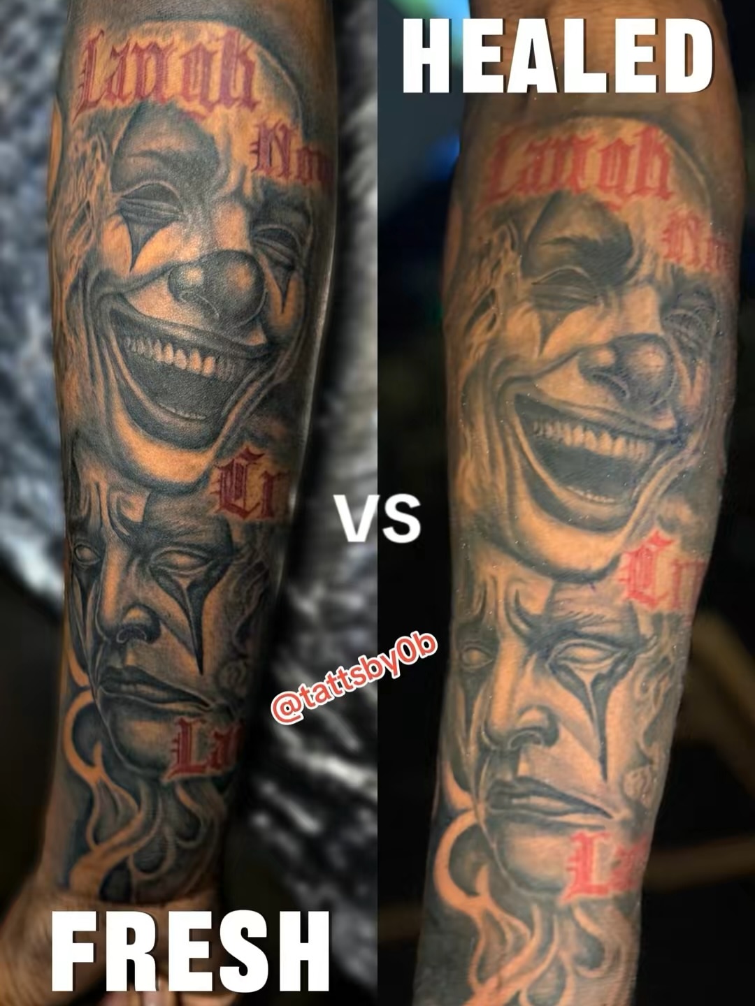 Clown and sad face realism tattoo on the forearm by Dallas Tattoo Artist📍