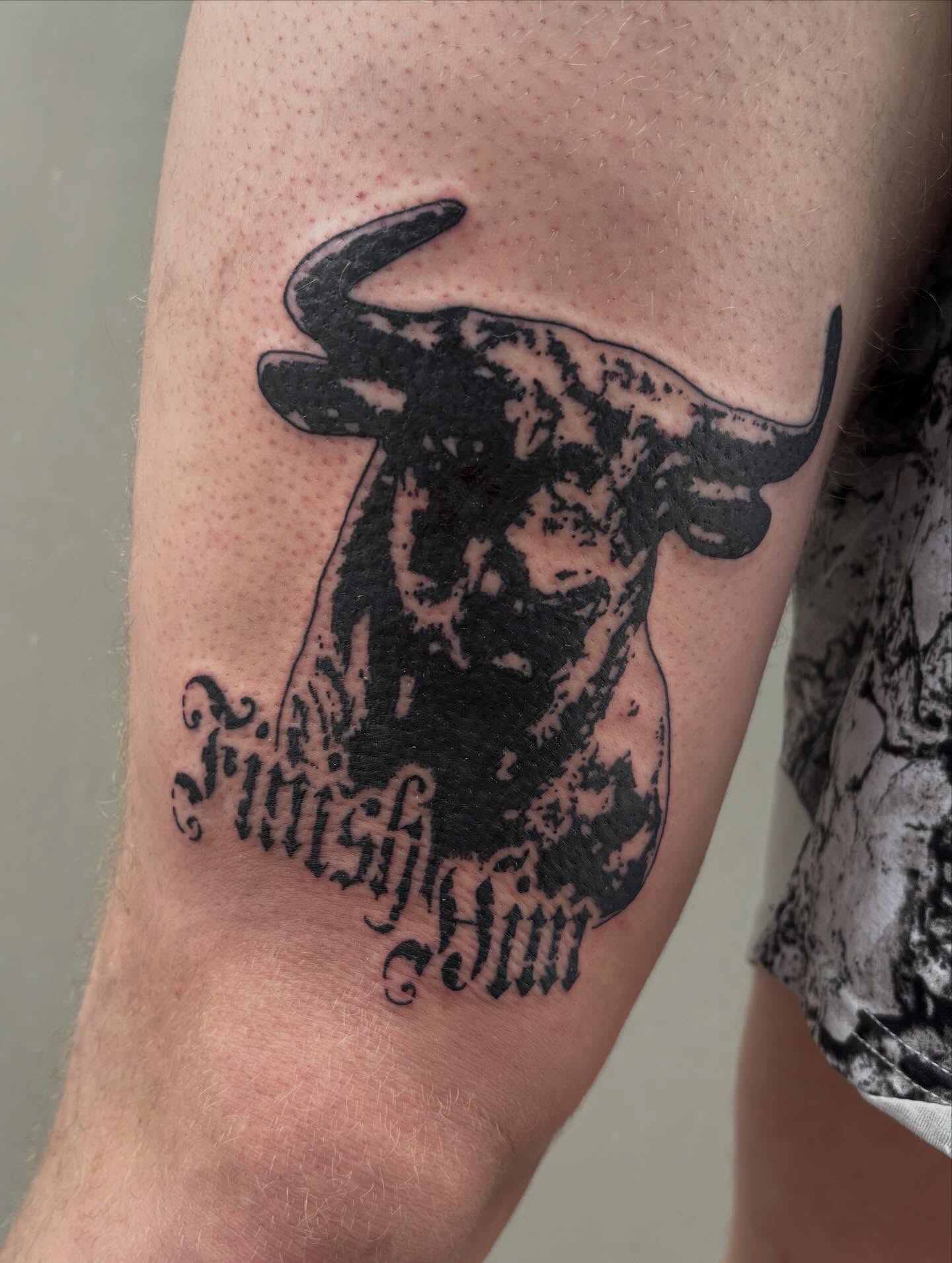 Bull skull black and grey tattoo on the forearm by Turner