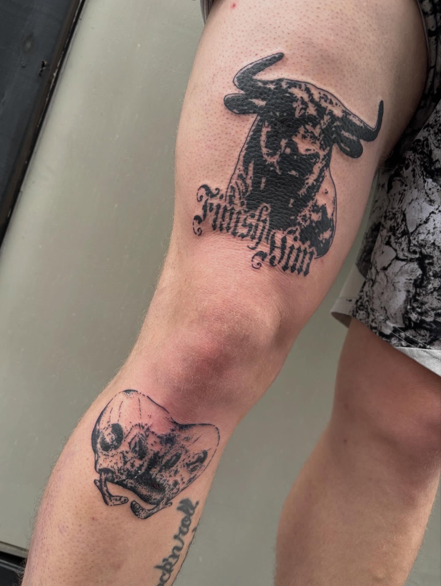 Bull head black and grey tattoo on the forearm by Turner