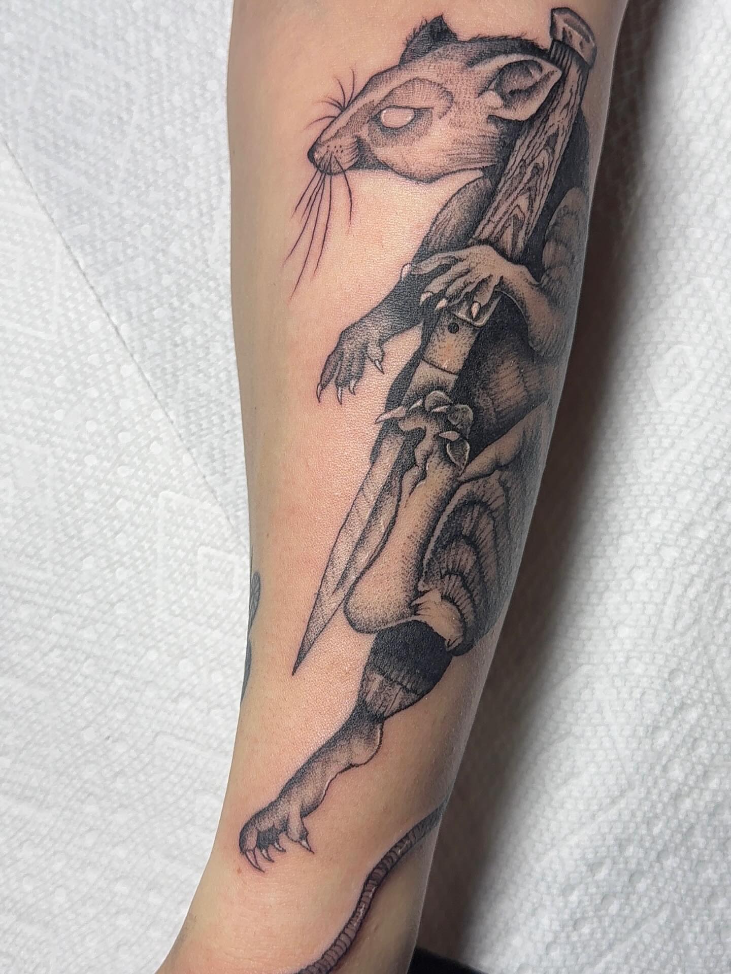Squirrel with sword realism tattoo on the forearm by amelia morse ⋆。°✩ mi tattoo artist