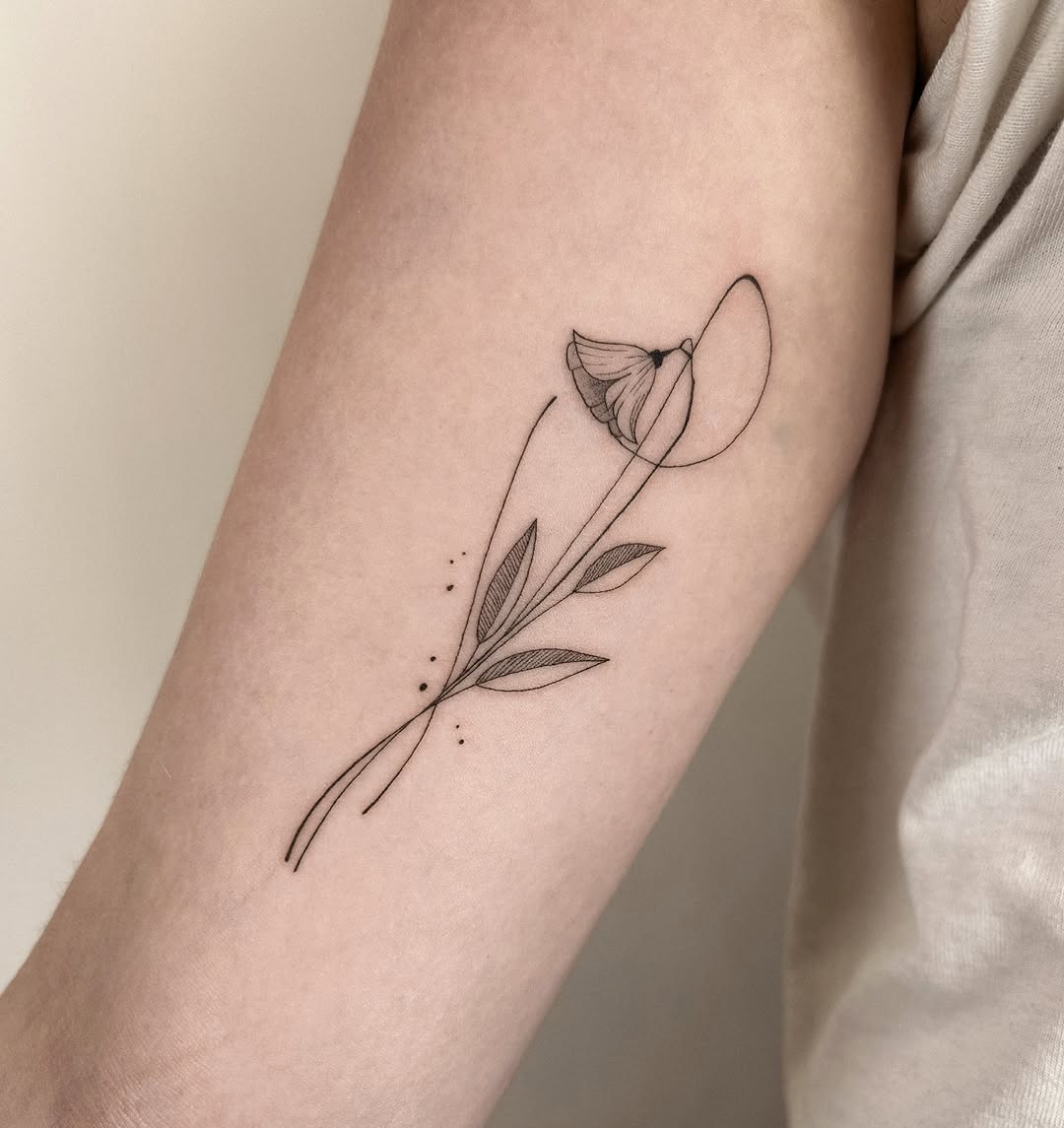 Abstract flower stem fine line tattoo on the forearm by Helly March
