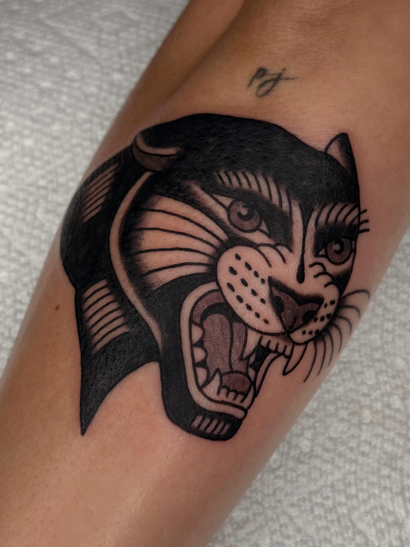 Panther head American traditional tattoo on the forearm by Bridgette Carberry