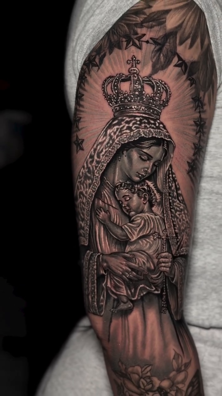 Virgin Mary and child realism tattoo by Francis nieves, Miami, Florida