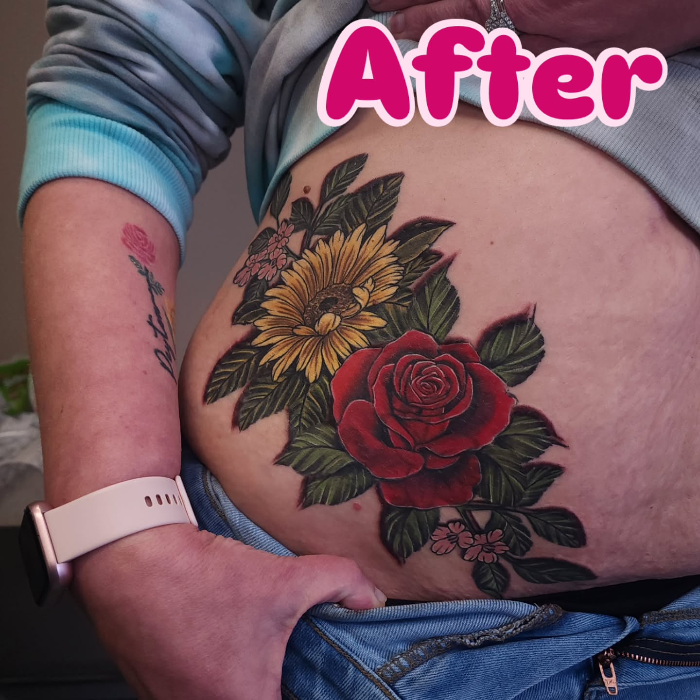 Sunflower and rose bouquet American traditional tattoo on the torso by xavia