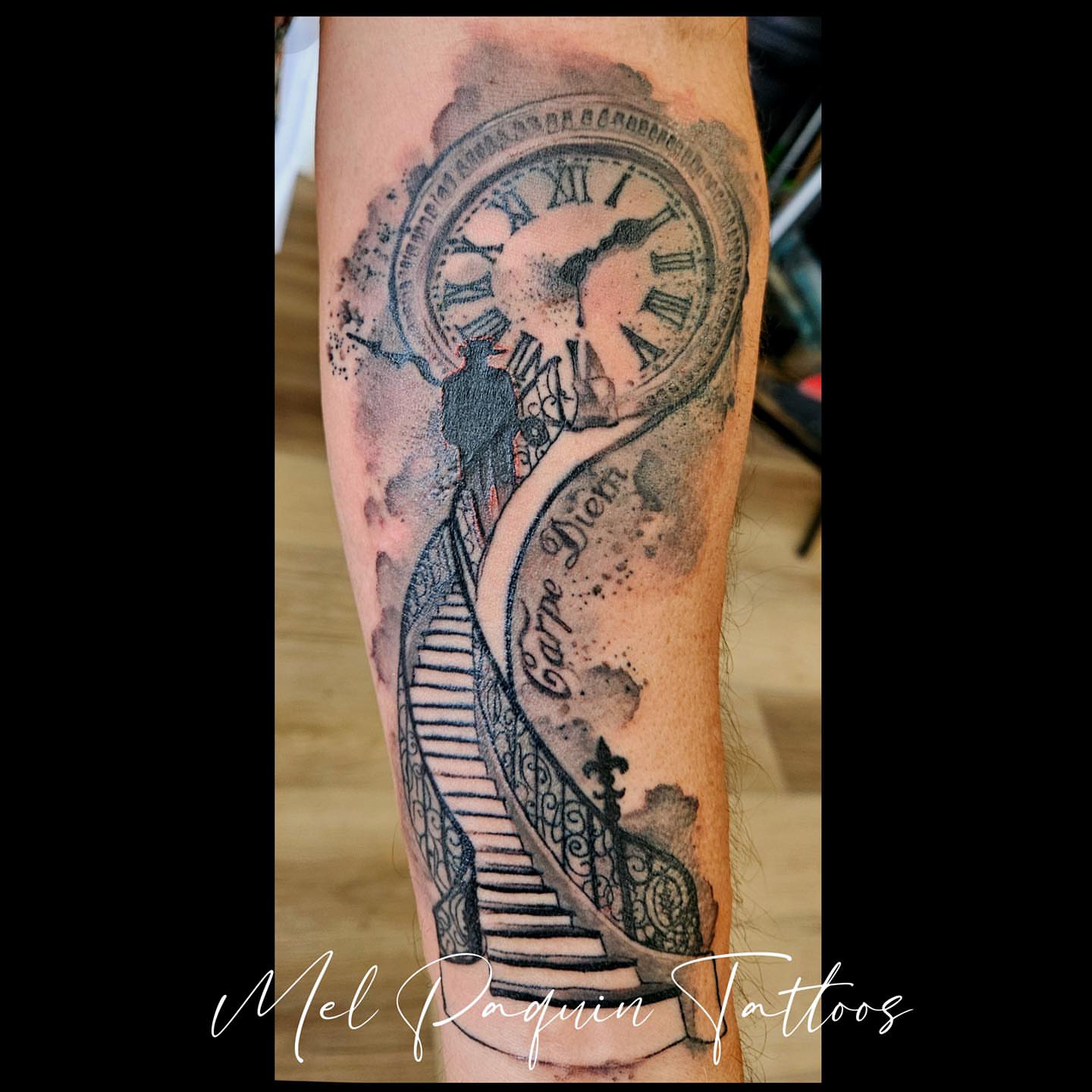 Clock and staircase realism tattoo on the forearm by Mel Paquin