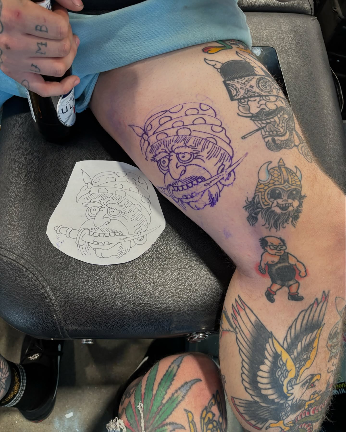Viking warrior American traditional tattoo on the thigh by Cody Wallenius, Merrillville, Indiana