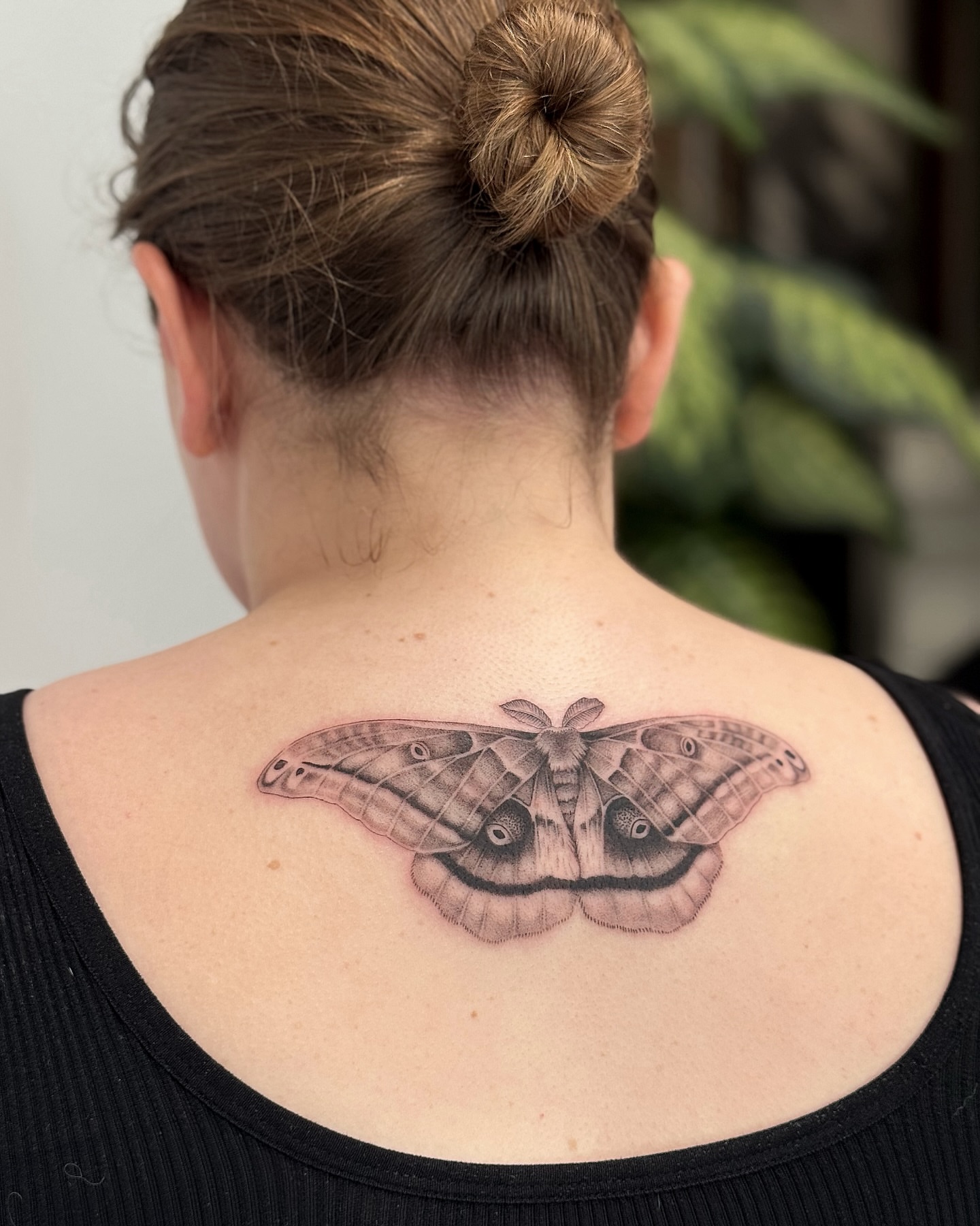 Butterfly realism tattoo on the back by Lea Burkard, Berkeley, California